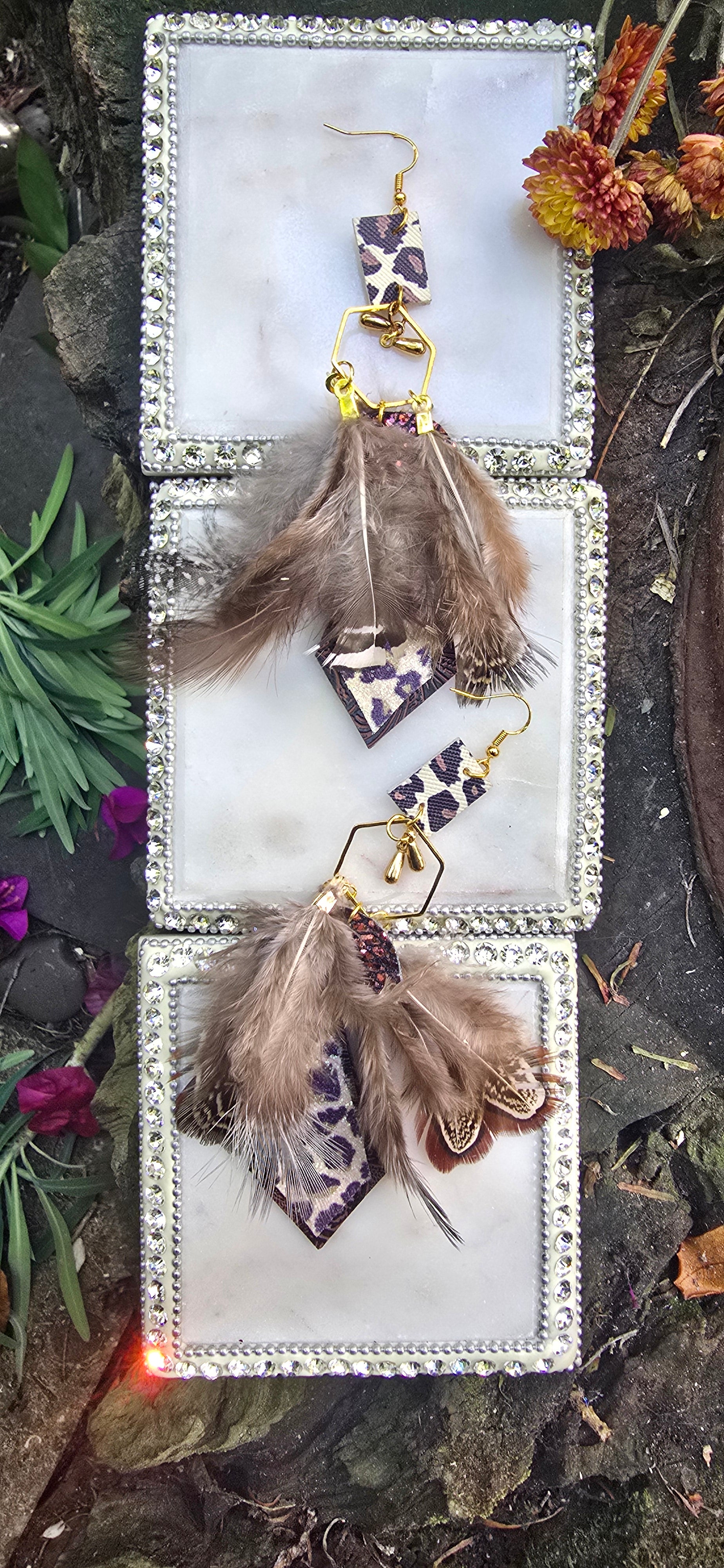 Carol - Brown Animal Print Feather Earrings - Shop Moxxc