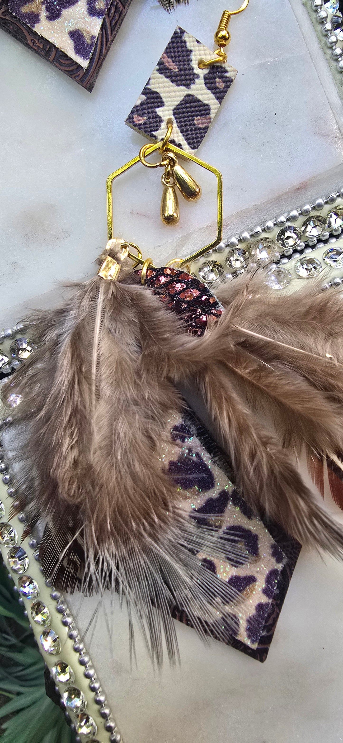 Carol - Brown Animal Print Feather Earrings - Shop Moxxc
