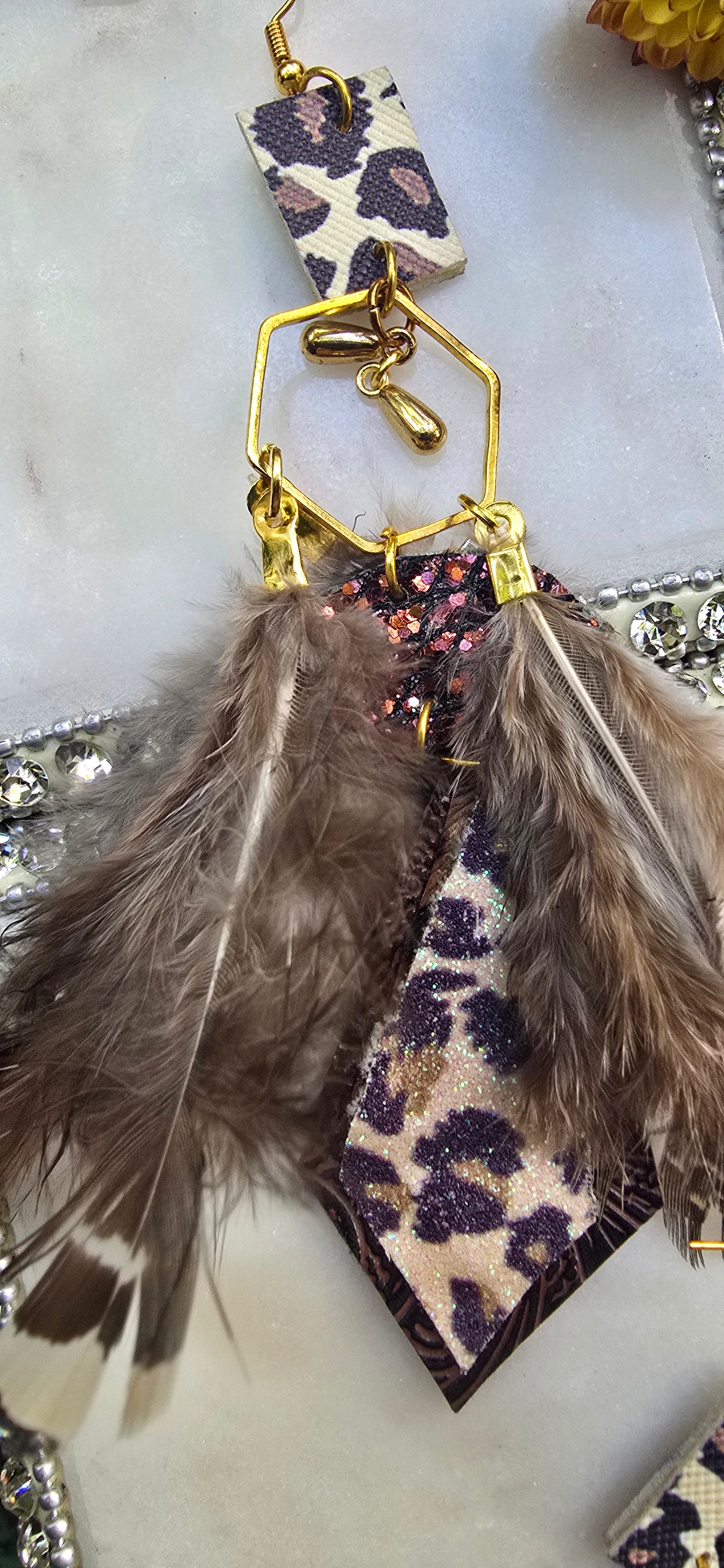 Carol - Brown Animal Print Feather Earrings - Shop Moxxc
