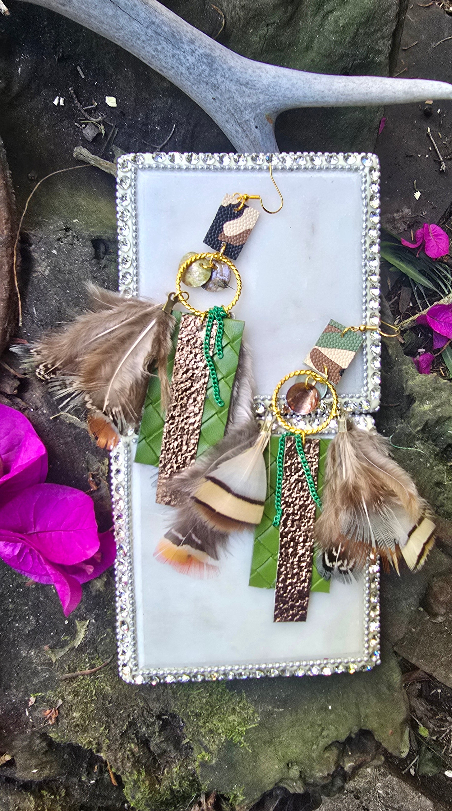 Heather - Olive Green Camouflage Feather Earrings - Shop Moxxc