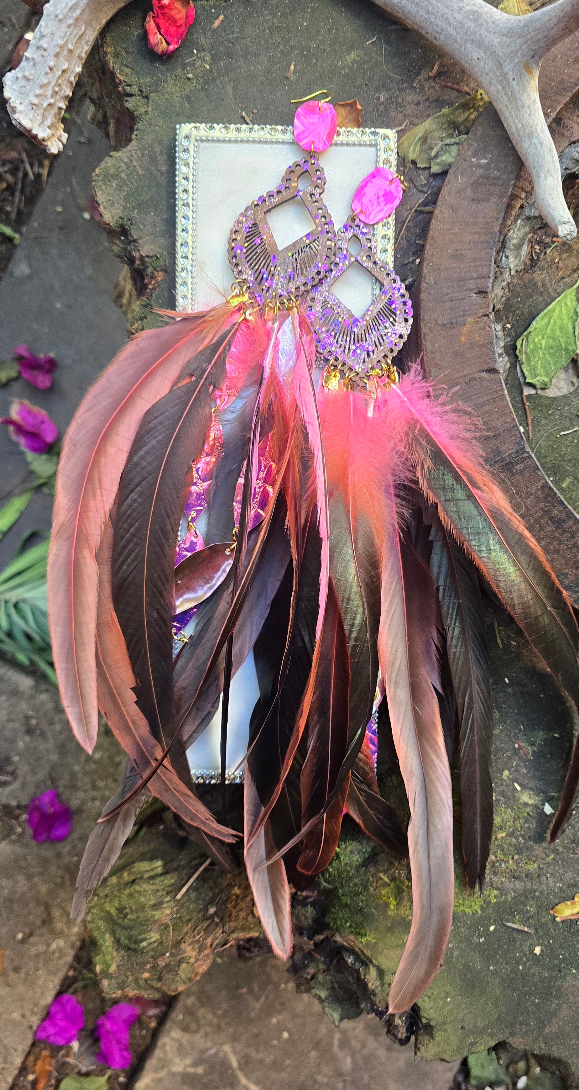 Kalina - Long Pink Festival Feather Earrings - Shop Moxxc