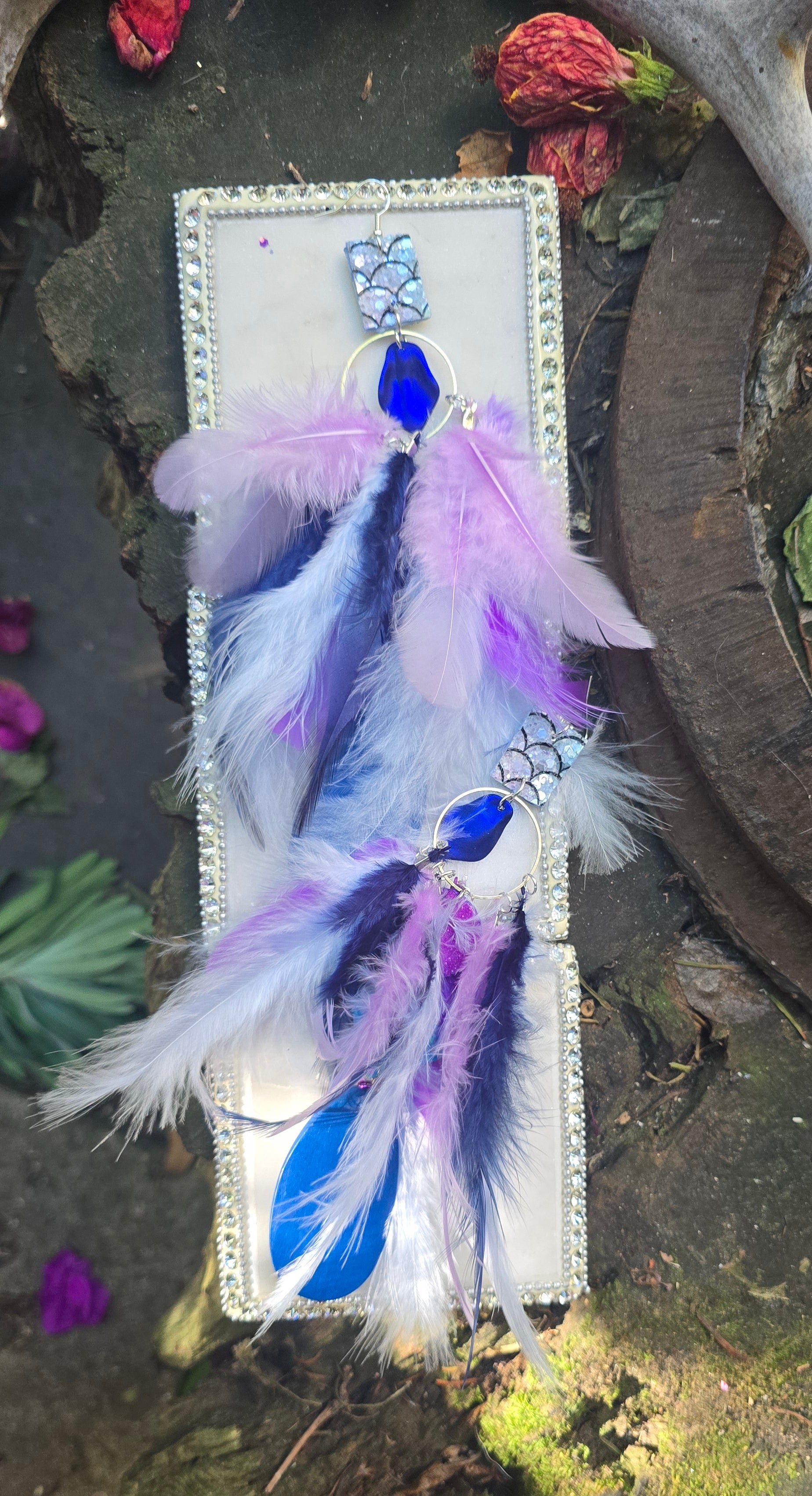 Molly - Purple Blue Boho Feather Earrings - Shop Moxxc
