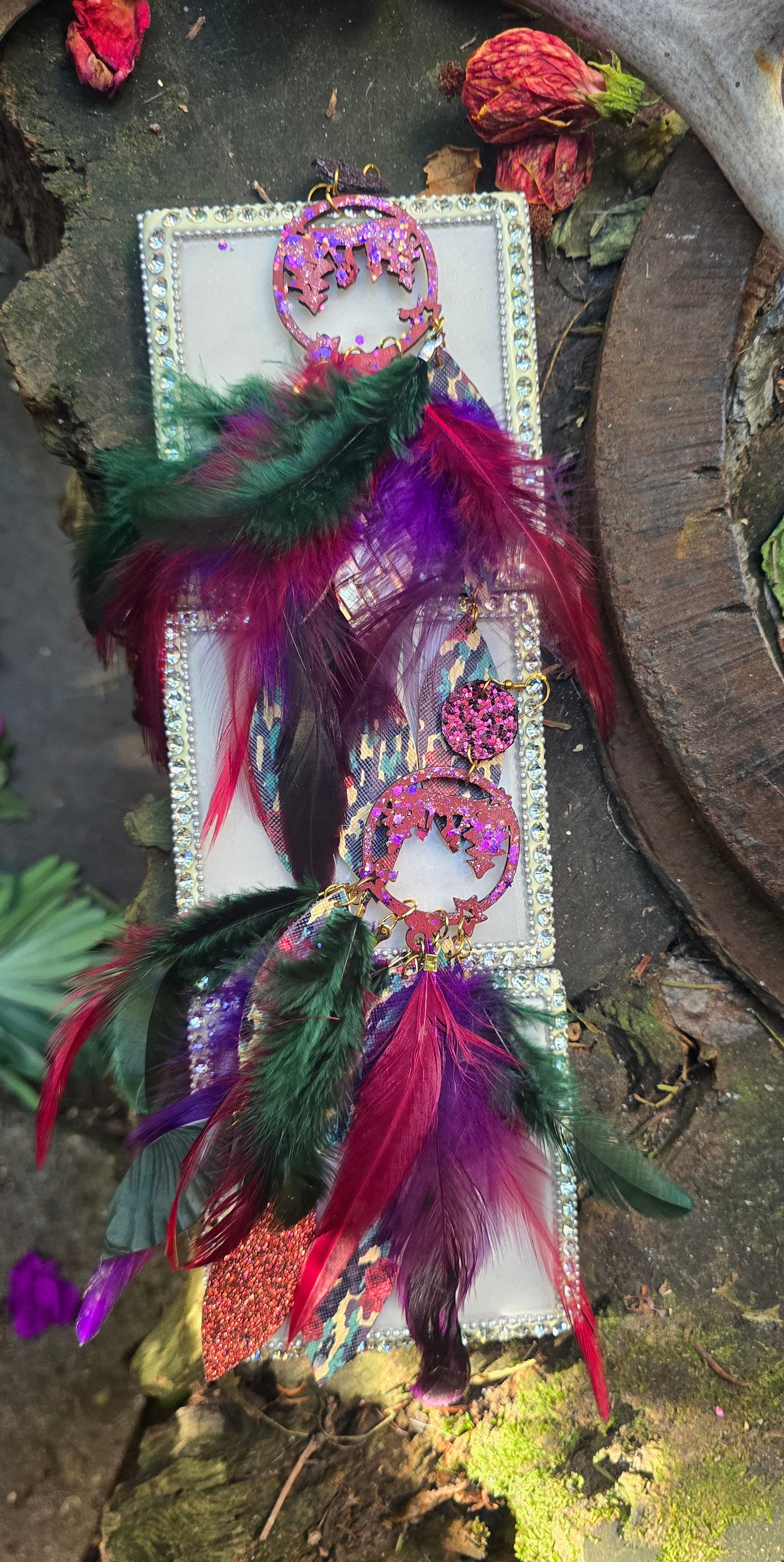 Charlotte - Long Dark Red Boho Feather Earrings - Shop Moxxc