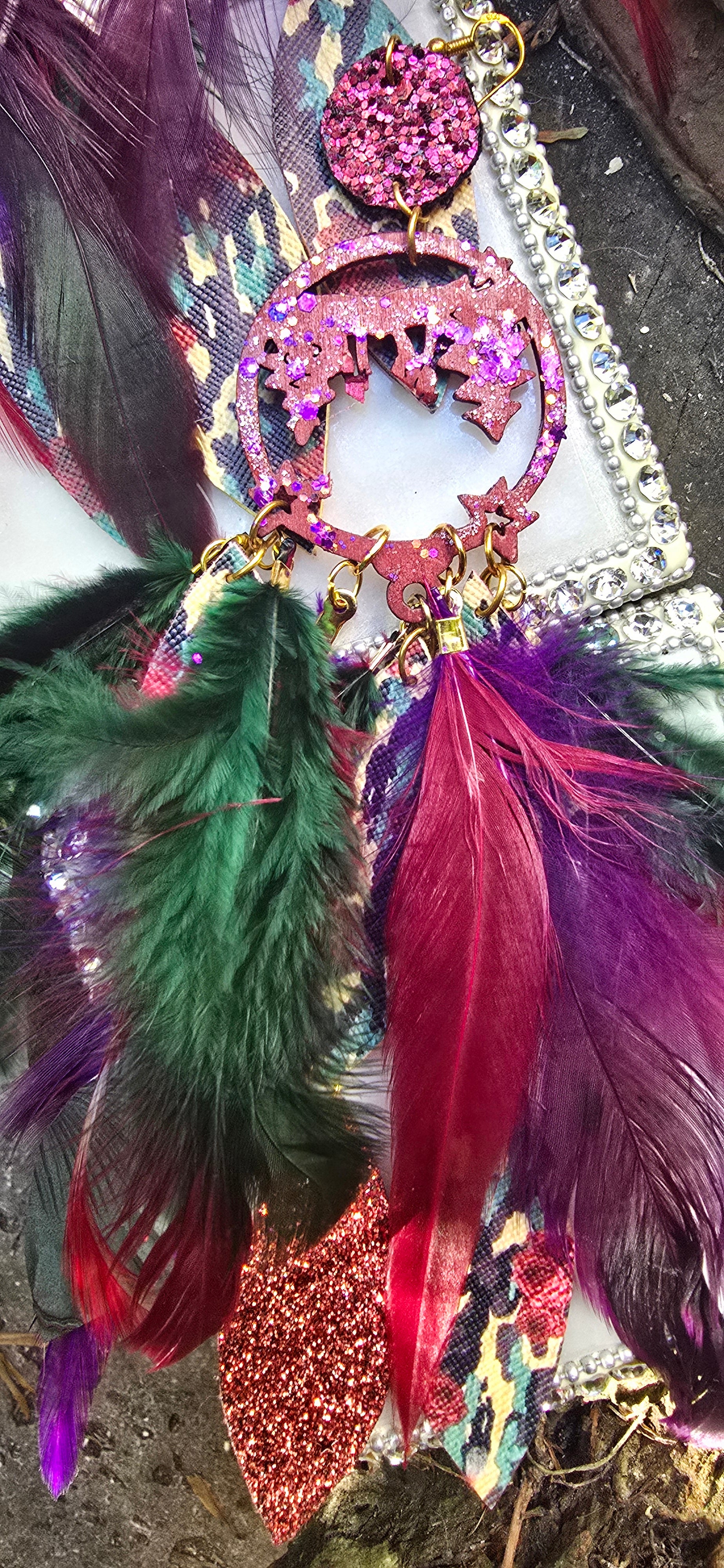 Charlotte - Long Dark Red Boho Feather Earrings - Shop Moxxc