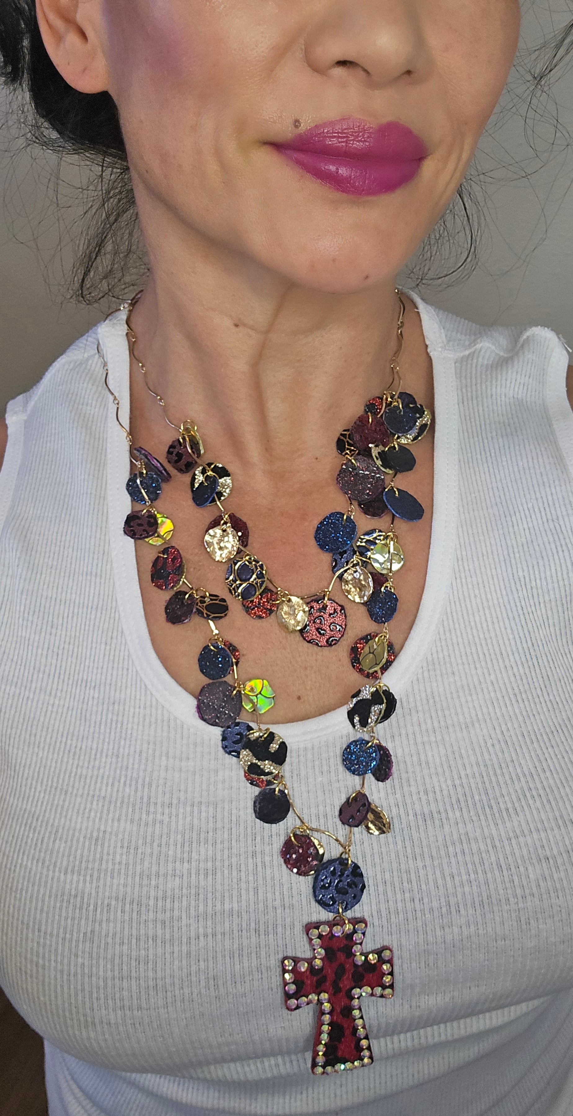 Traci - Animal Print Layered Cross Necklace - Shop Moxxc