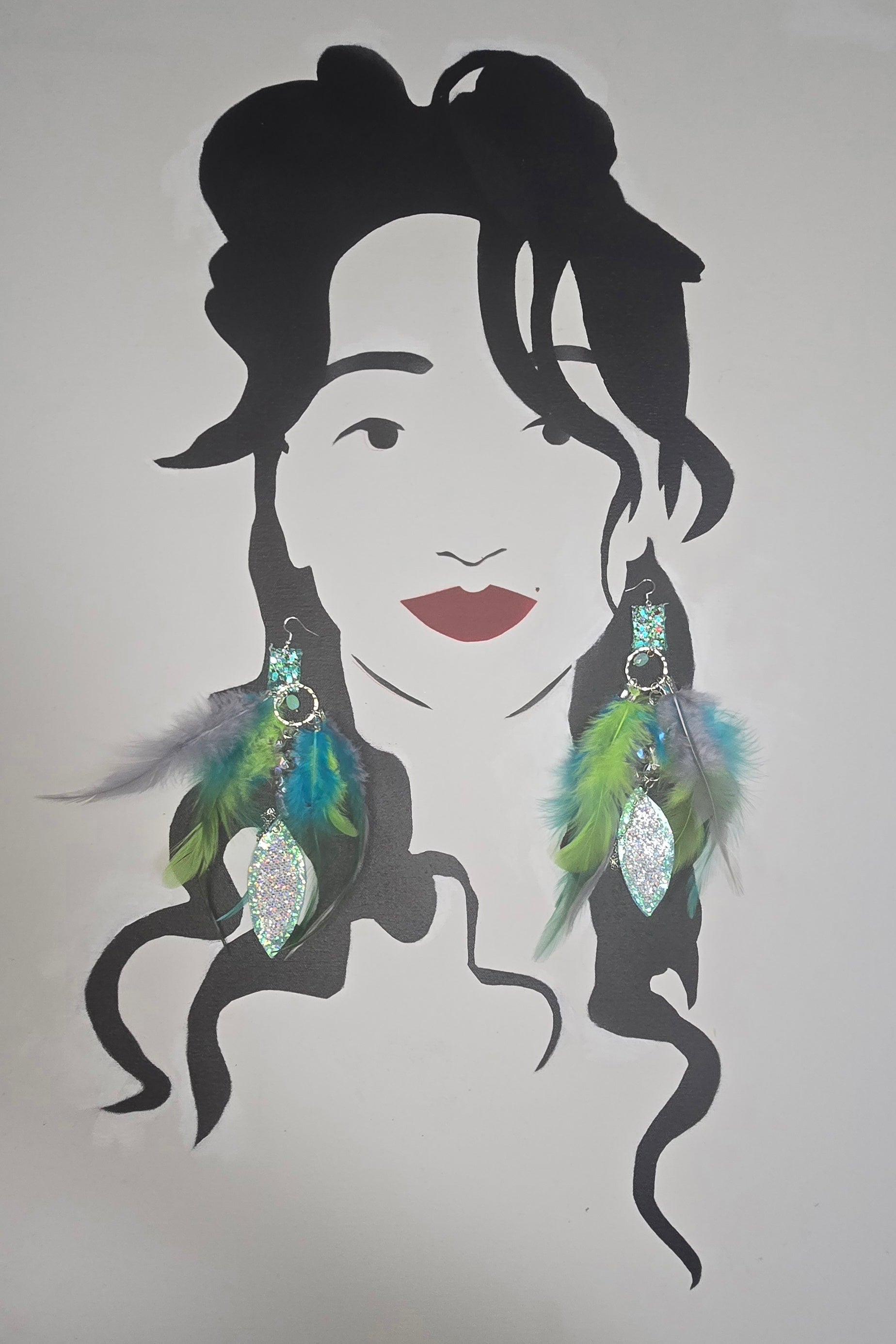 Heidi - Turquoise Glittery Feather Earrings - Shop Moxxc