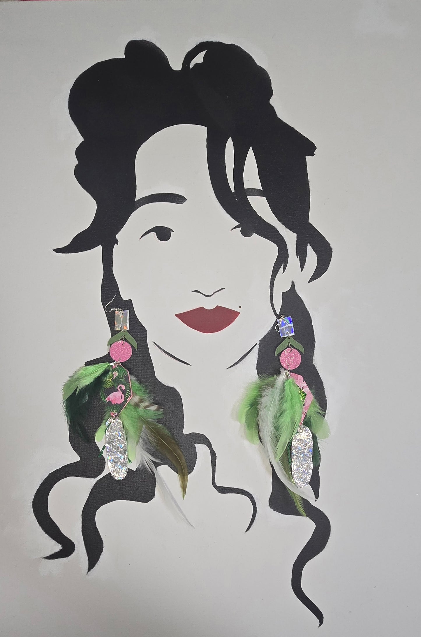 Mia - Green Flamingo Feather Earrings - Shop Moxxc