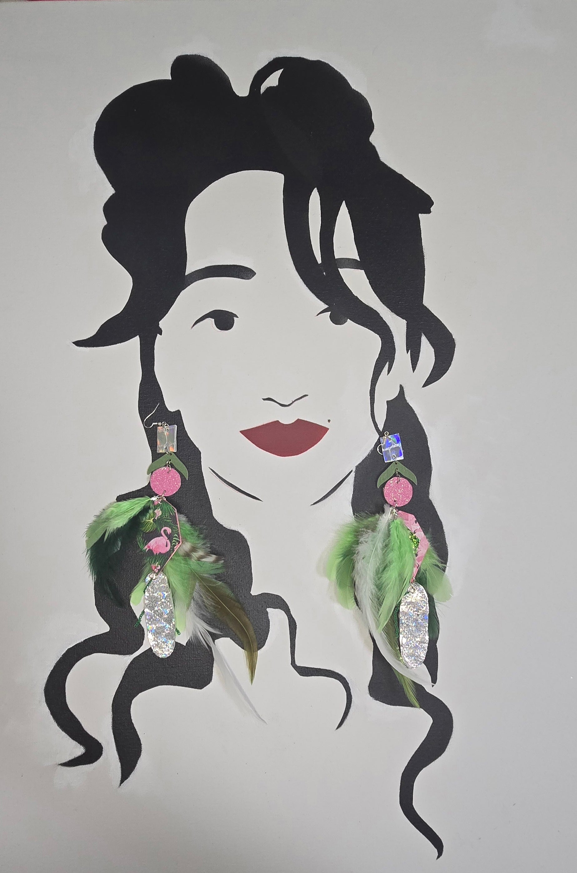 Mia - Green Flamingo Feather Earrings - Shop Moxxc