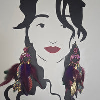 Charlotte - Long Dark Red Boho Feather Earrings - Shop Moxxc