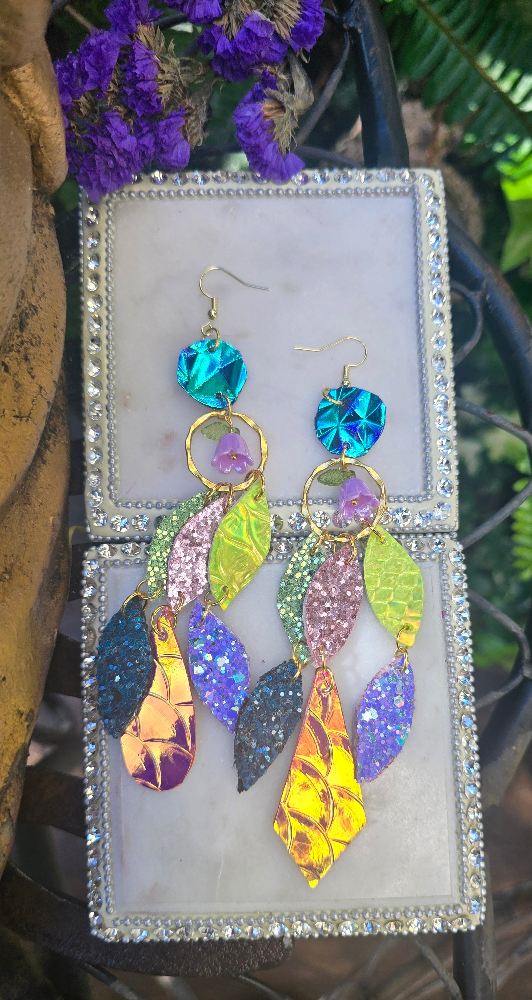 Daniela - Multicolored Iridescent Geometric Chandelier Earrings - Shop Moxxc
