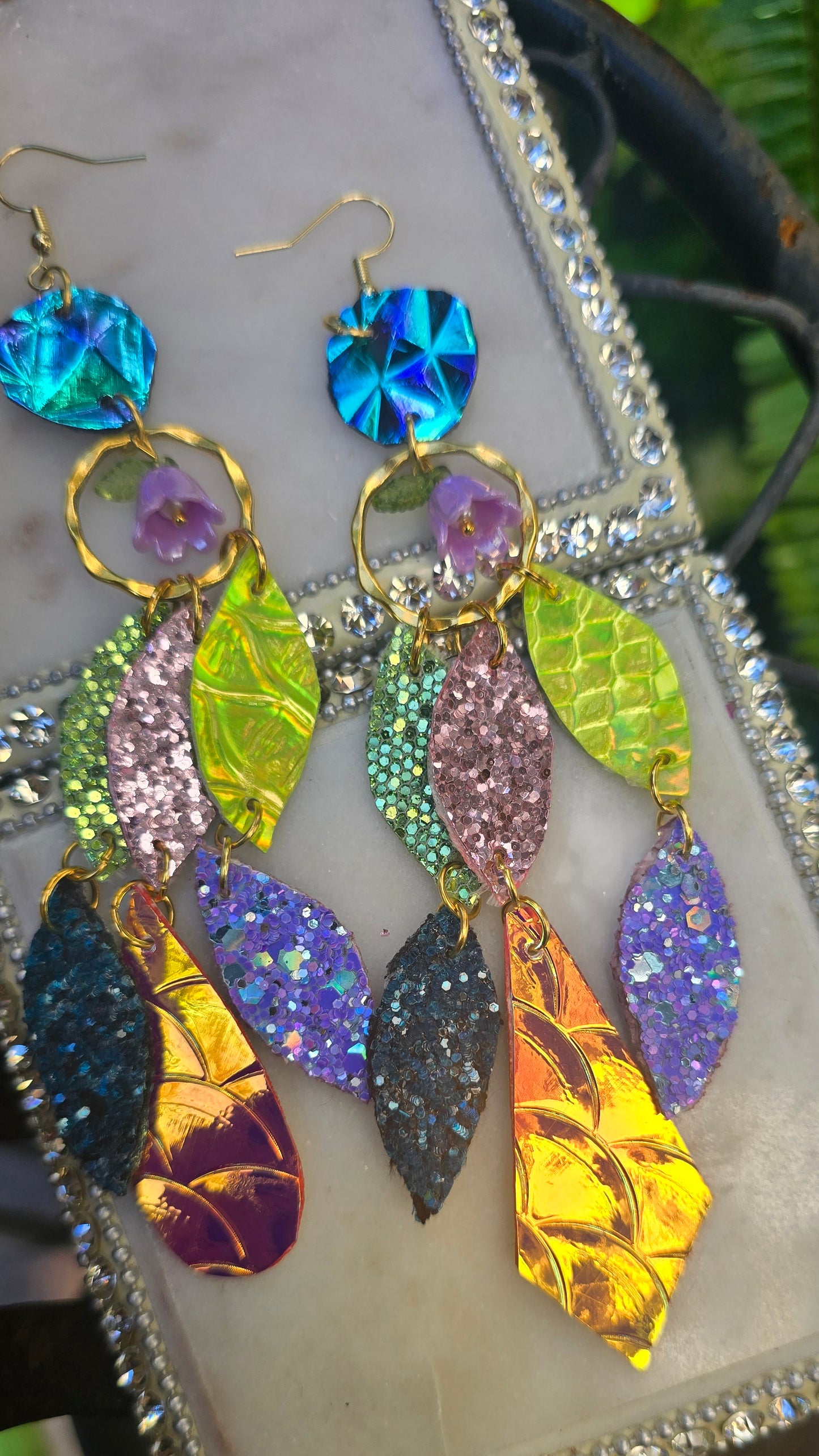 Daniela - Multicolored Iridescent Geometric Chandelier Earrings - Shop Moxxc