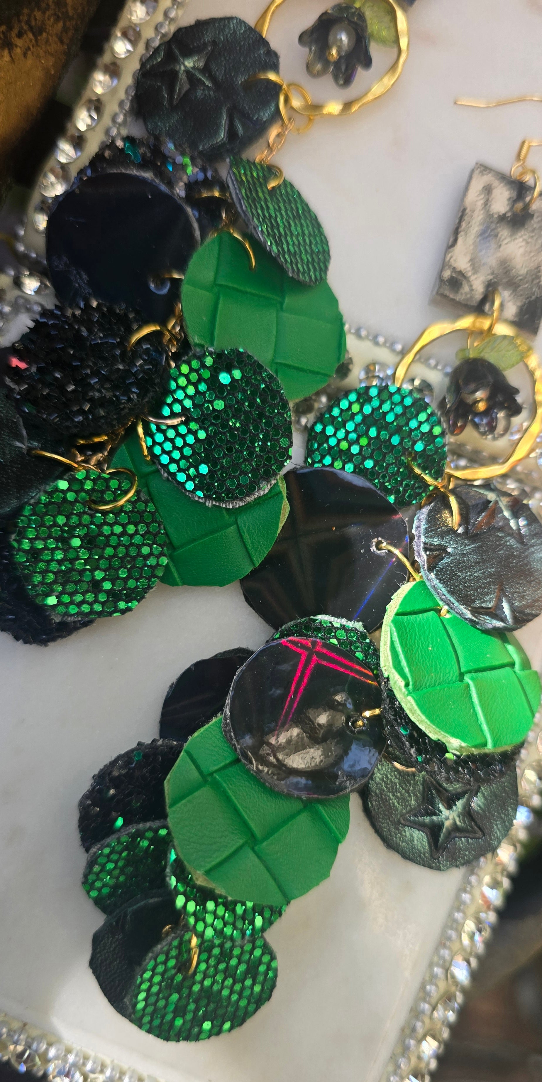 Lily - Green Glittery Round Dangle Earrings - Shop Moxxc