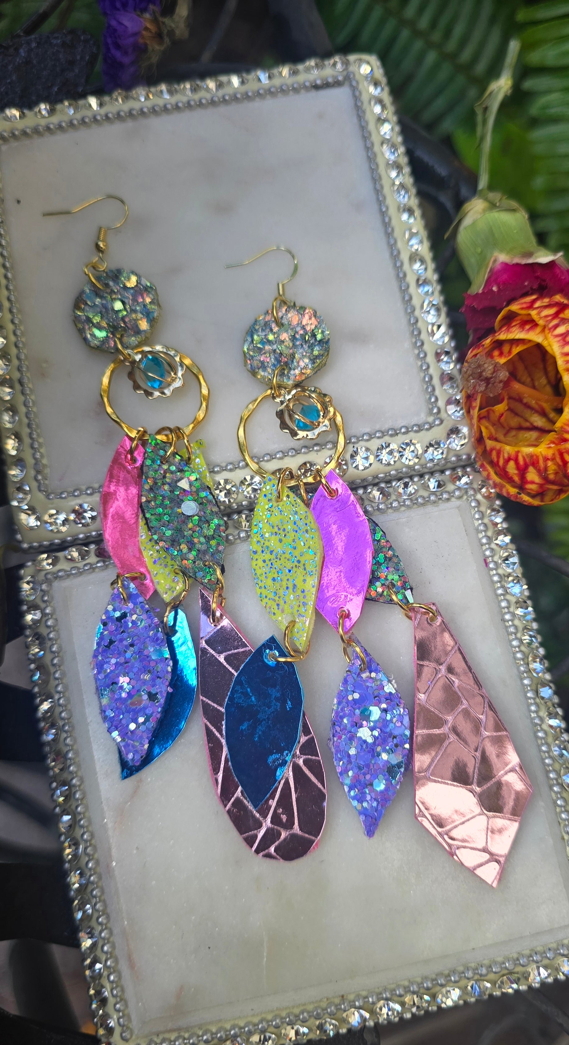 Claudia - Sparkly Pastel Geometric Chandelier Earrings - Shop Moxxc