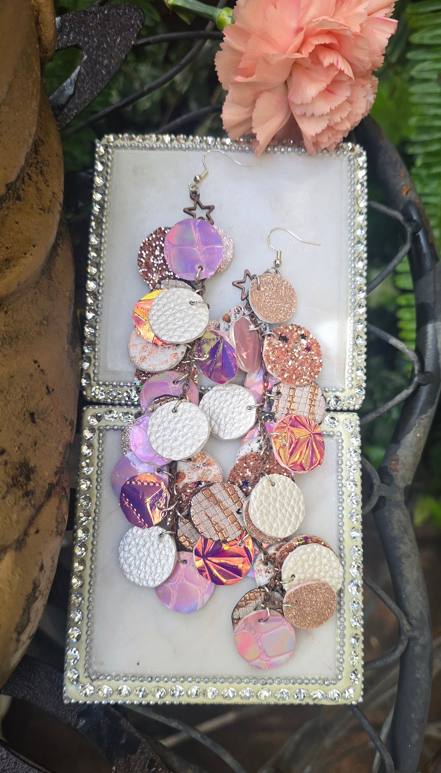 Colleen - White Iridescent Round Dangle Earrings. - Shop Moxxc