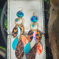 Claudia - Turquoise Orange Animal Print Chandelier Dangle Earrings - Shop Moxxc