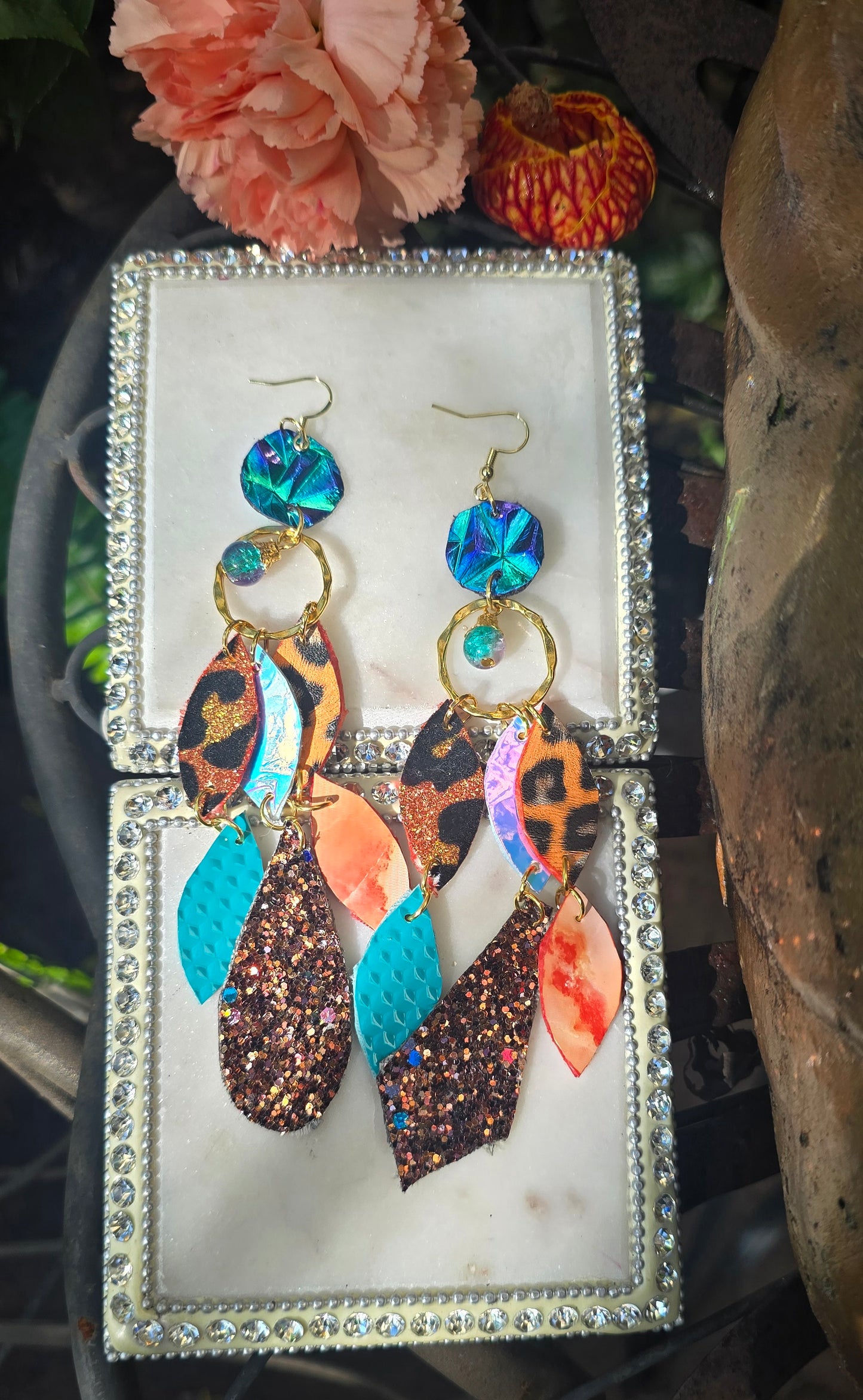 Claudia - Turquoise Orange Animal Print Chandelier Dangle Earrings - Shop Moxxc