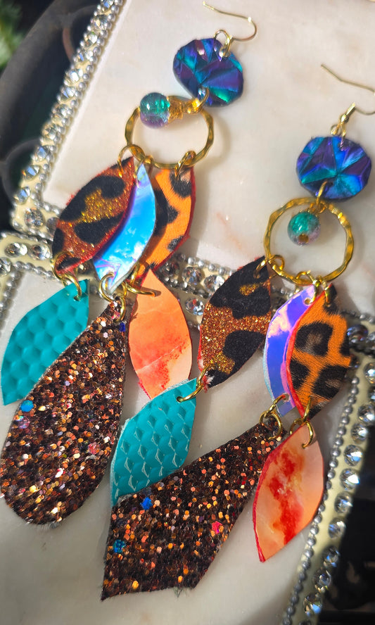 Claudia - Turquoise Orange Animal Print Chandelier Dangle Earrings - Shop Moxxc