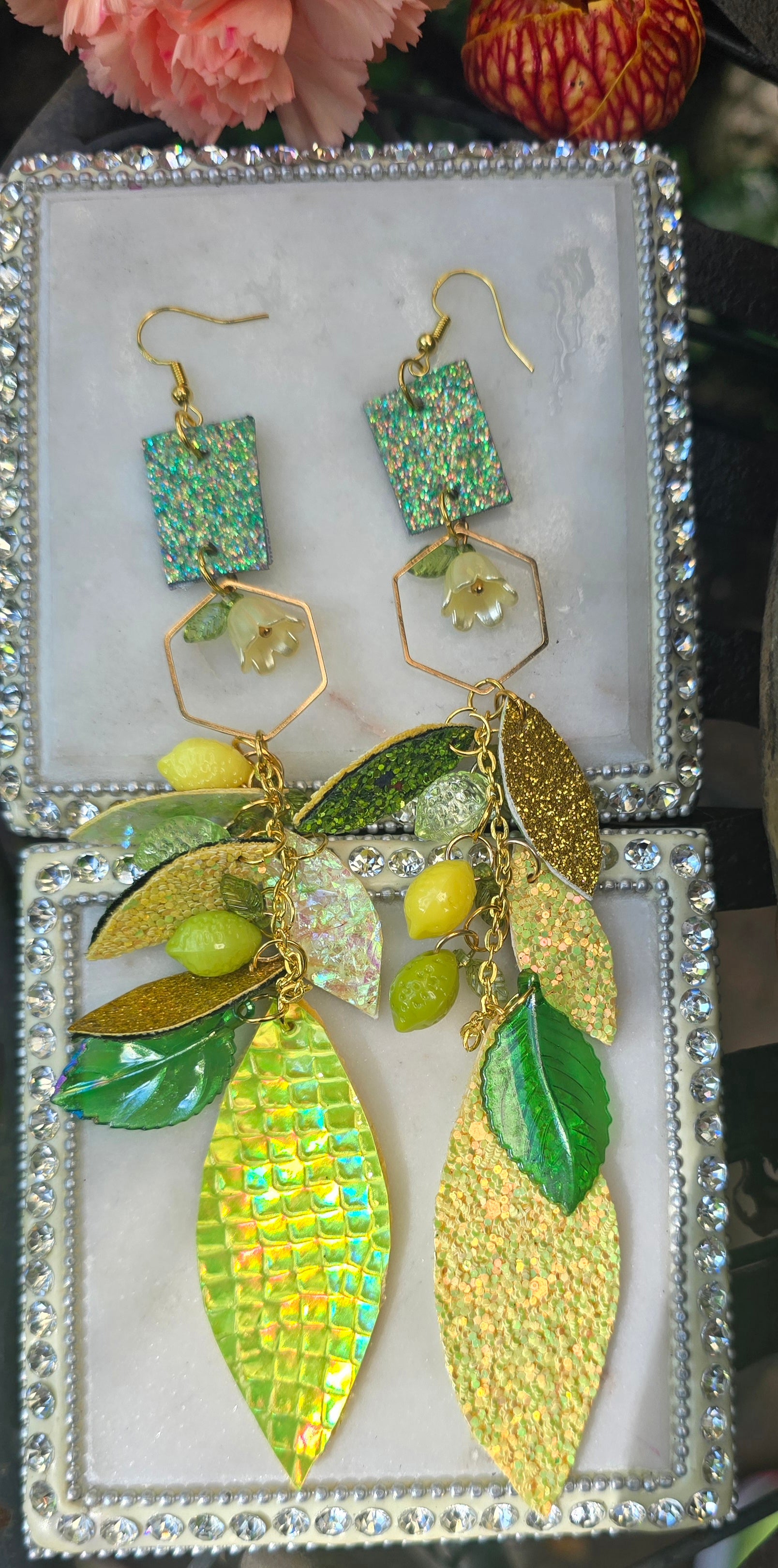 Sarina - Yellow Lemon Lime Teardrop Chandelier Dangle Earrings - Shop Moxxc