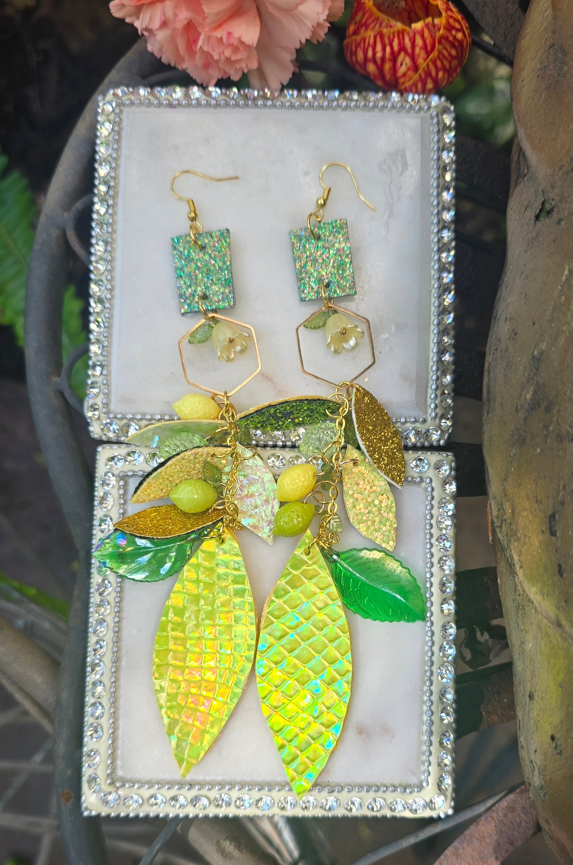 Sarina - Yellow Lemon Lime Teardrop Chandelier Dangle Earrings - Shop Moxxc