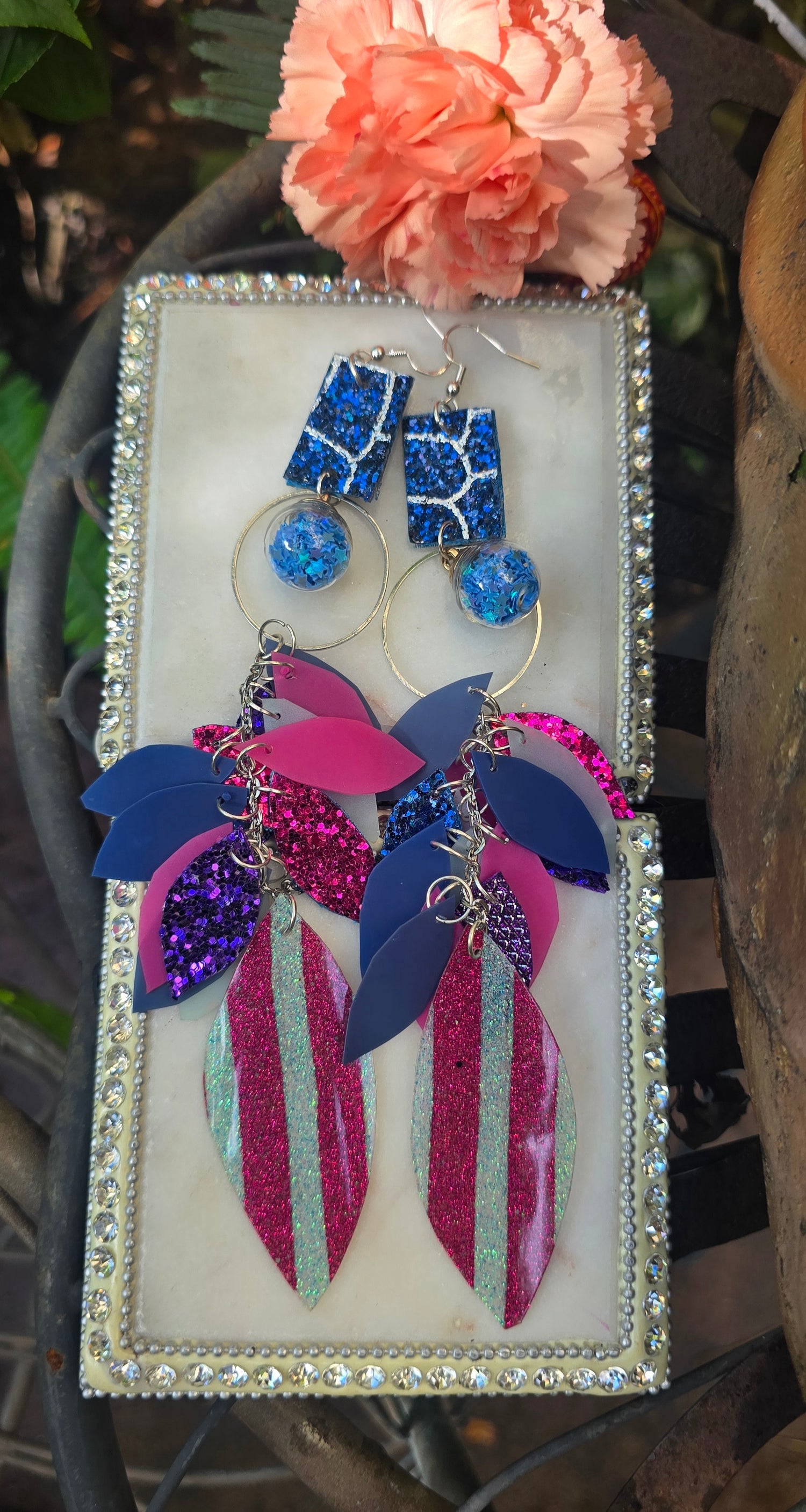 Mina - Blue Pink Sparkly Teardrop Chandelier Earrings - Shop Moxxc