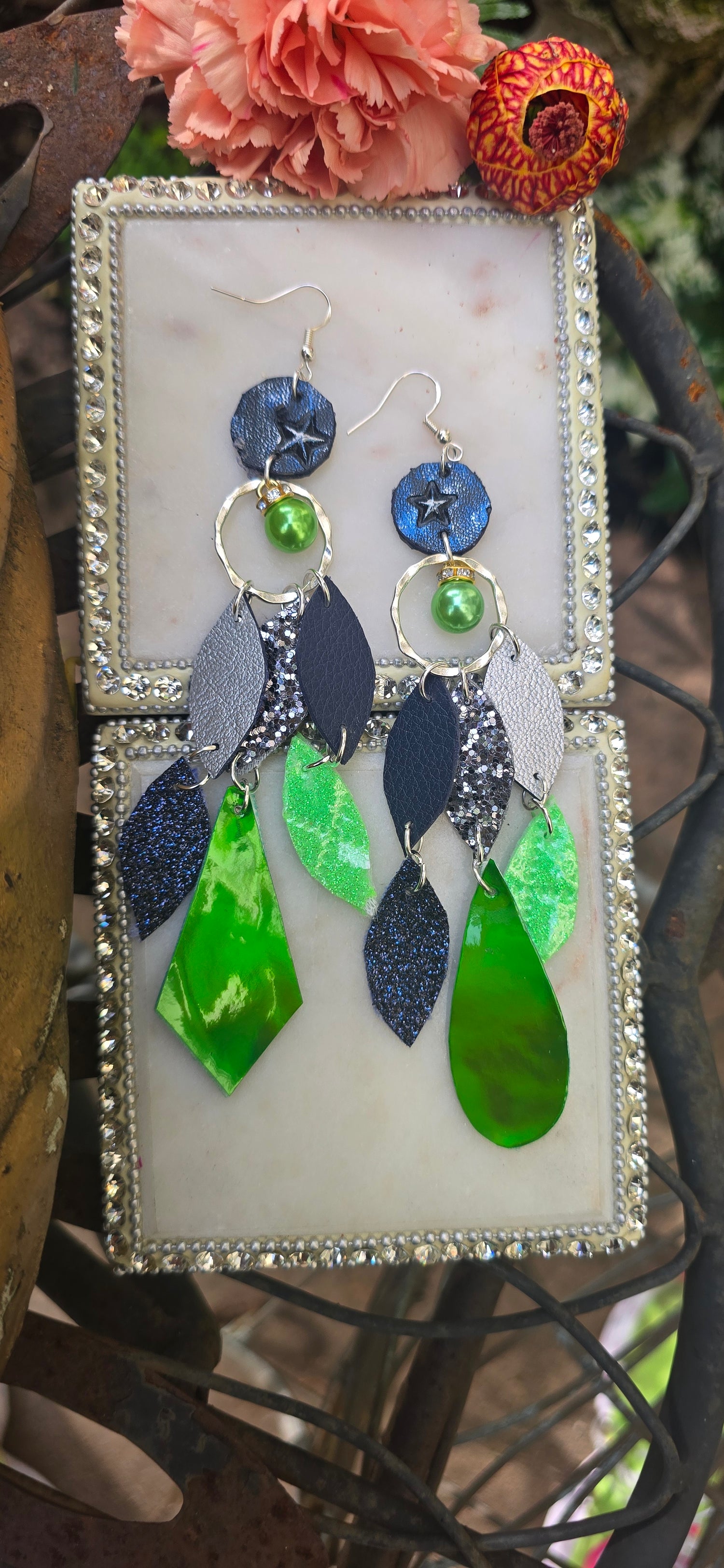 Melody - Blue Green Geometric Dangle Earrings - Shop Moxxc