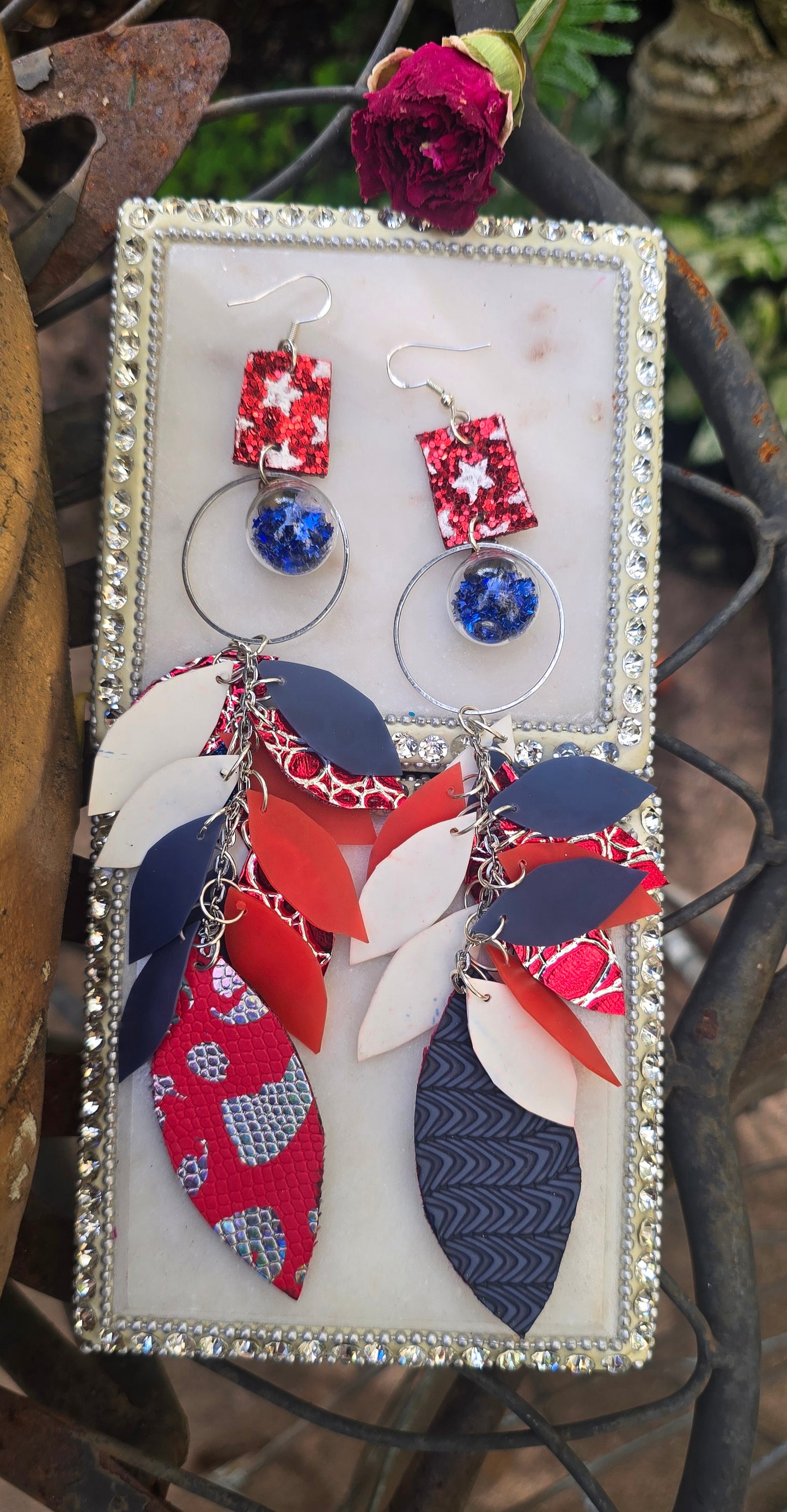 Vickie - Red Blue Star Teardrop Chandelier Earrings - Shop Moxxc