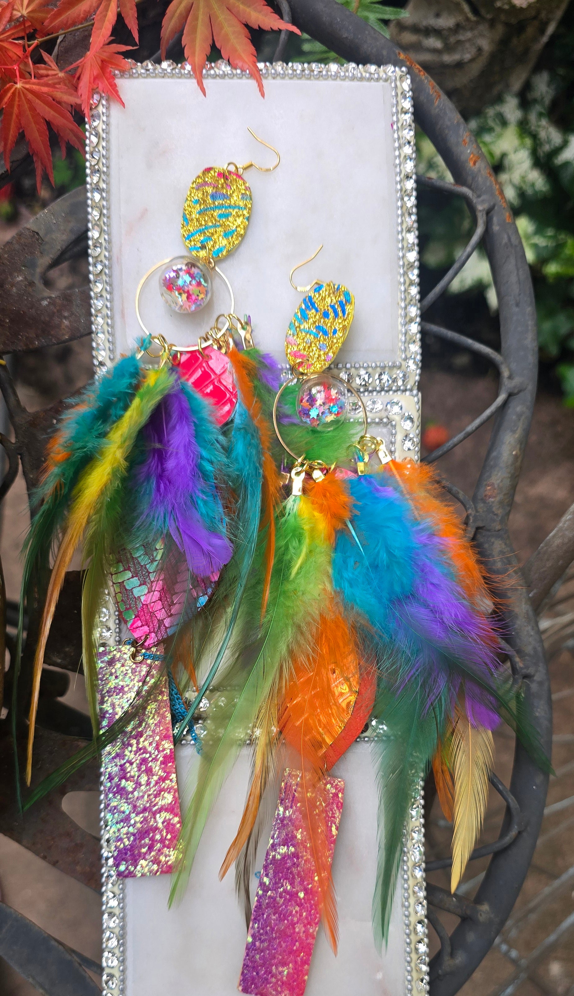Julie - Multicolored Festival Boho Feather Earrings - Shop Moxxc