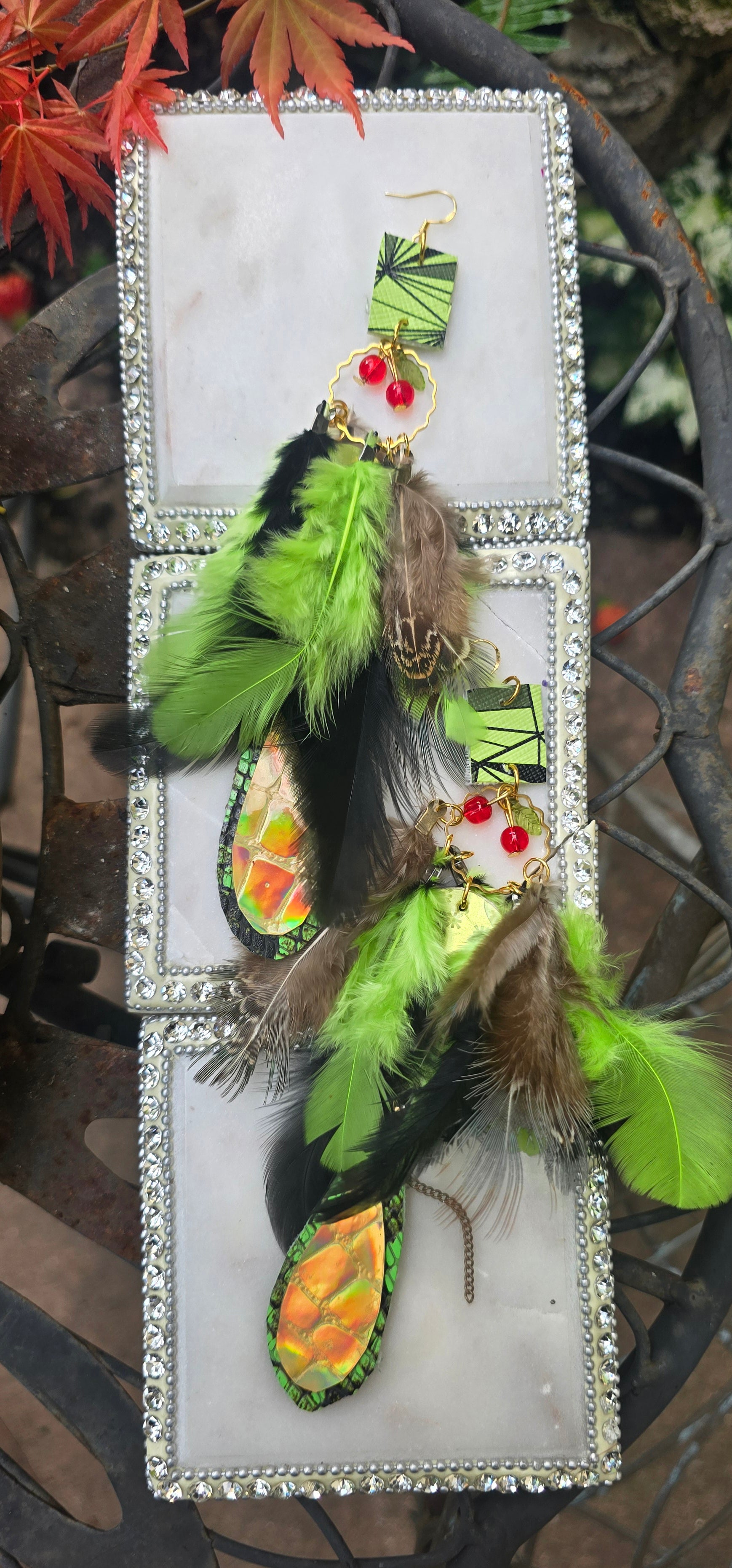 Tiffany - Green Festival Feather Earrings - Shop Moxxc