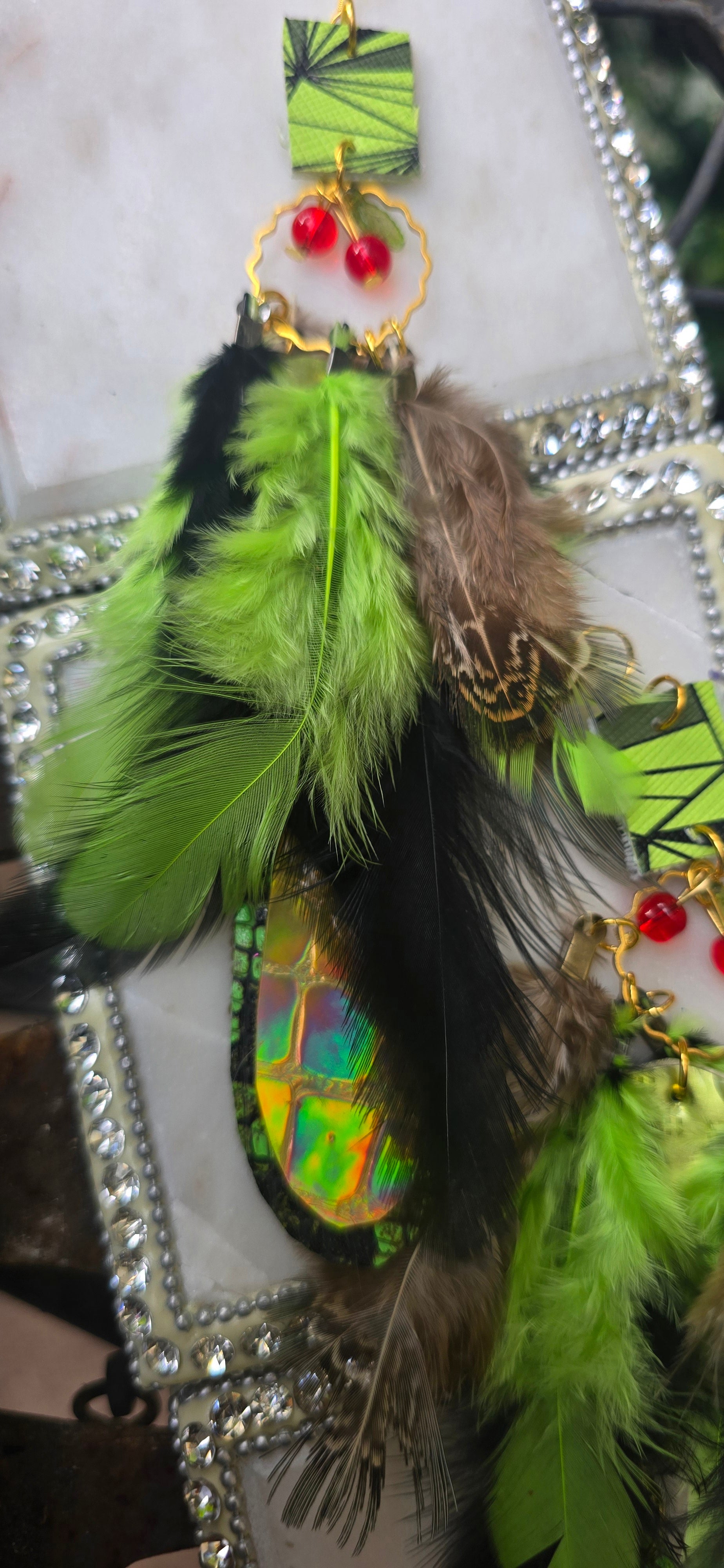 Tiffany - Green Festival Feather Earrings - Shop Moxxc