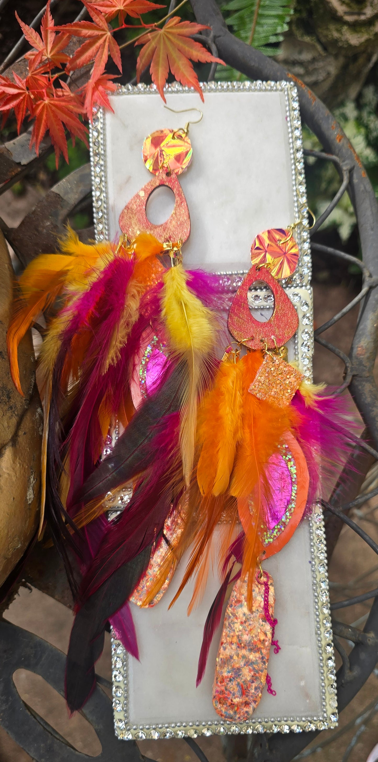 Elena - Orange Festival Feather Earrings - Shop Moxxc