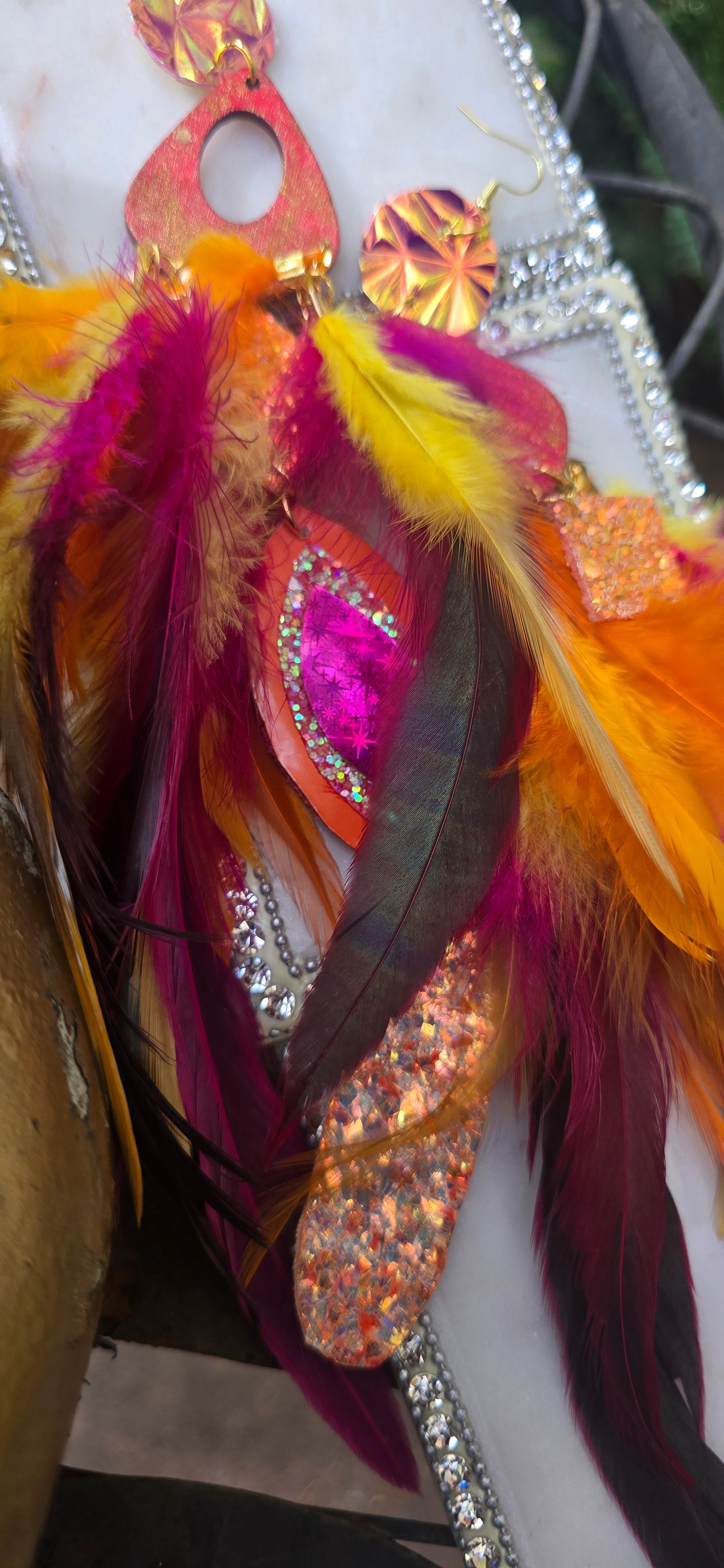 Elena - Orange Festival Feather Earrings - Shop Moxxc