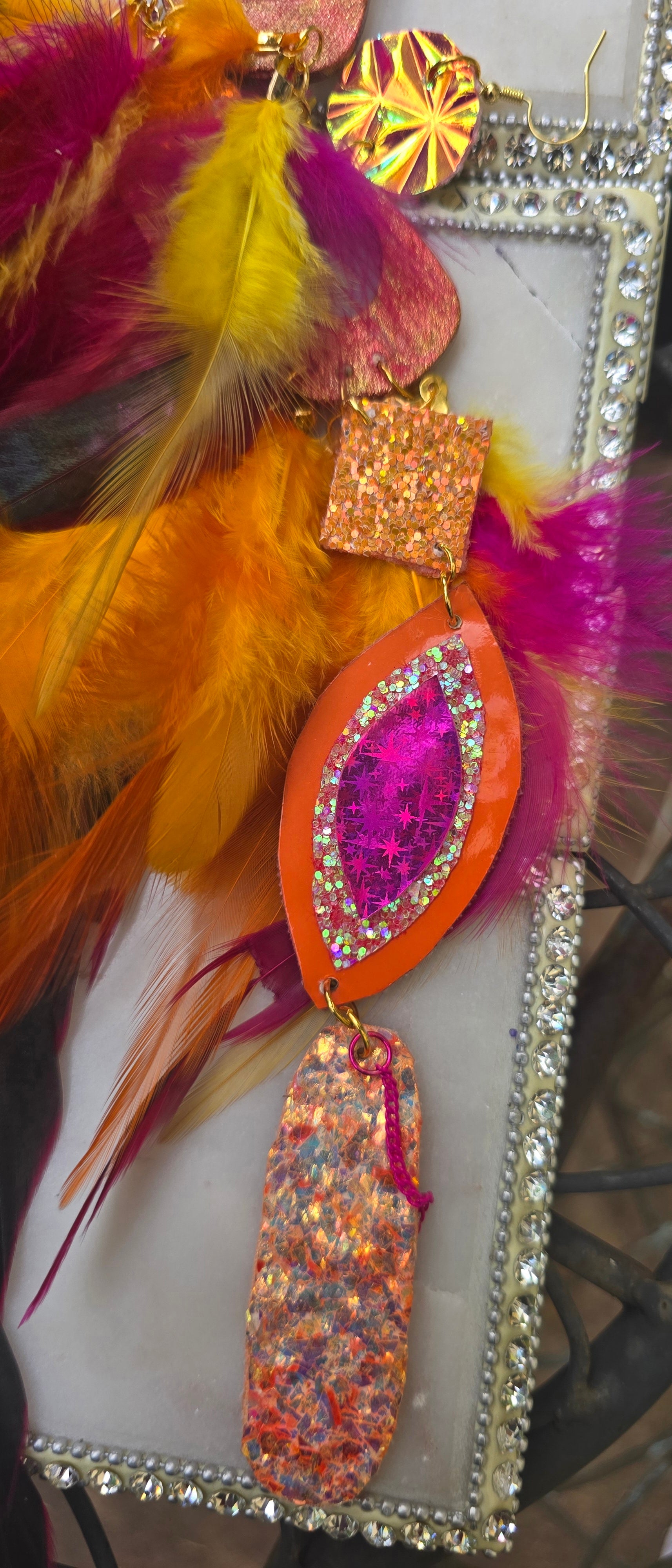 Elena - Orange Festival Feather Earrings - Shop Moxxc