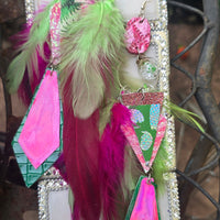 Emma - Hot Pink Green Feather Earrings - Shop Moxxc