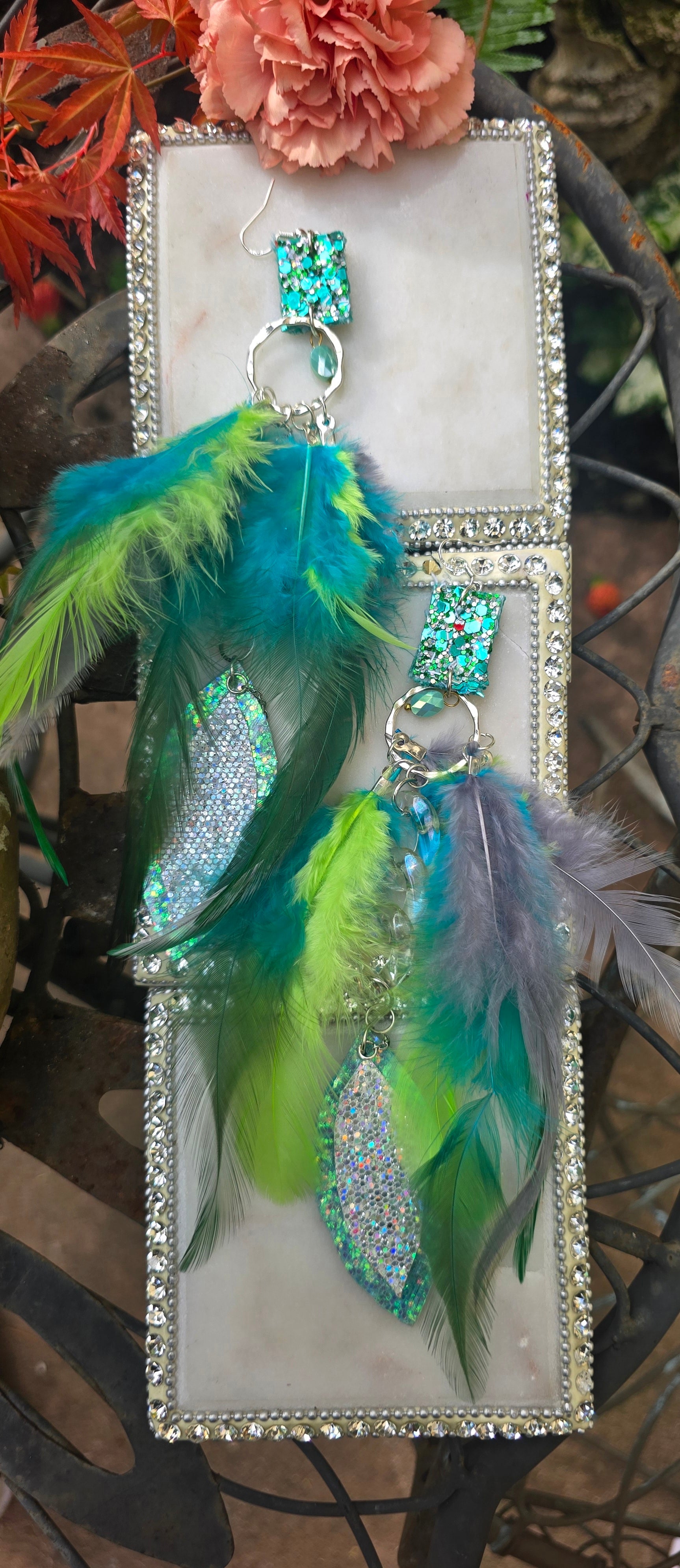 Heidi - Turquoise Glittery Feather Earrings - Shop Moxxc