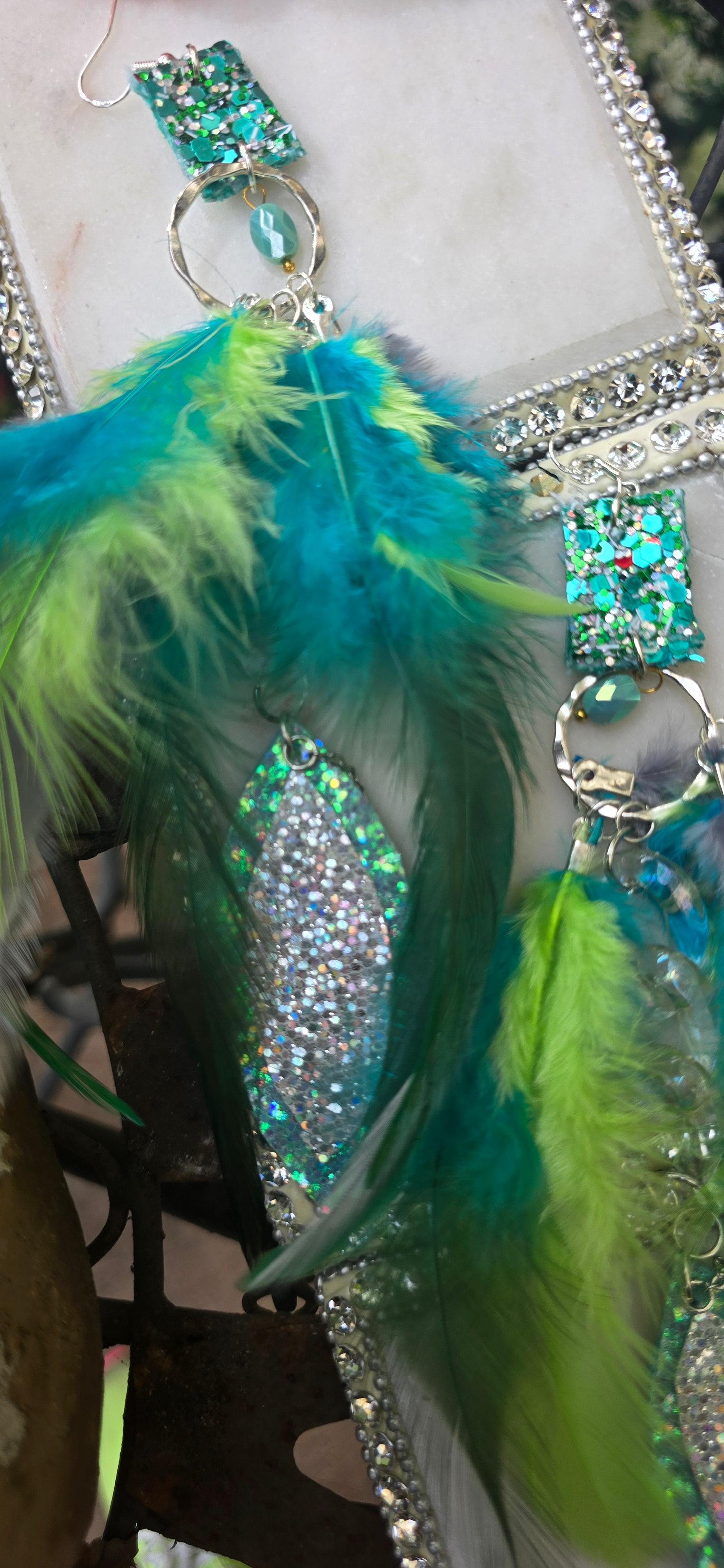 Heidi - Turquoise Glittery Feather Earrings - Shop Moxxc