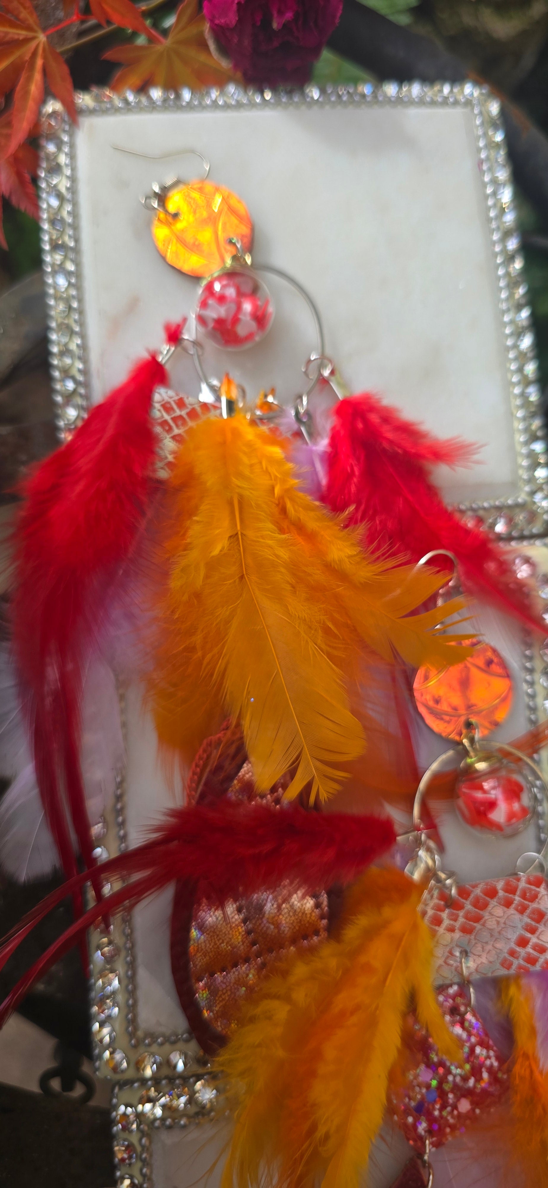 Jordan - Orange Festival Feather Earrings - Shop Moxxc