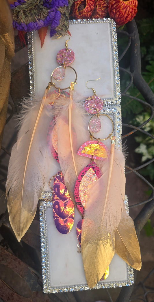 Mahogany - Pink Iridescent Boho Feather Earrings - Shop Moxxc