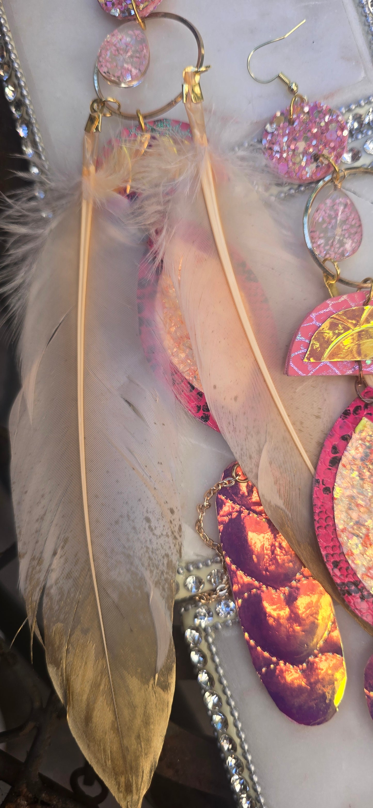 Mahogany - Pink Iridescent Boho Feather Earrings - Shop Moxxc