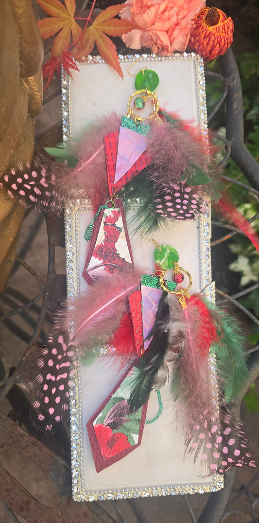 JoAnna - Red Pink Feather Earrings - Shop Moxxc