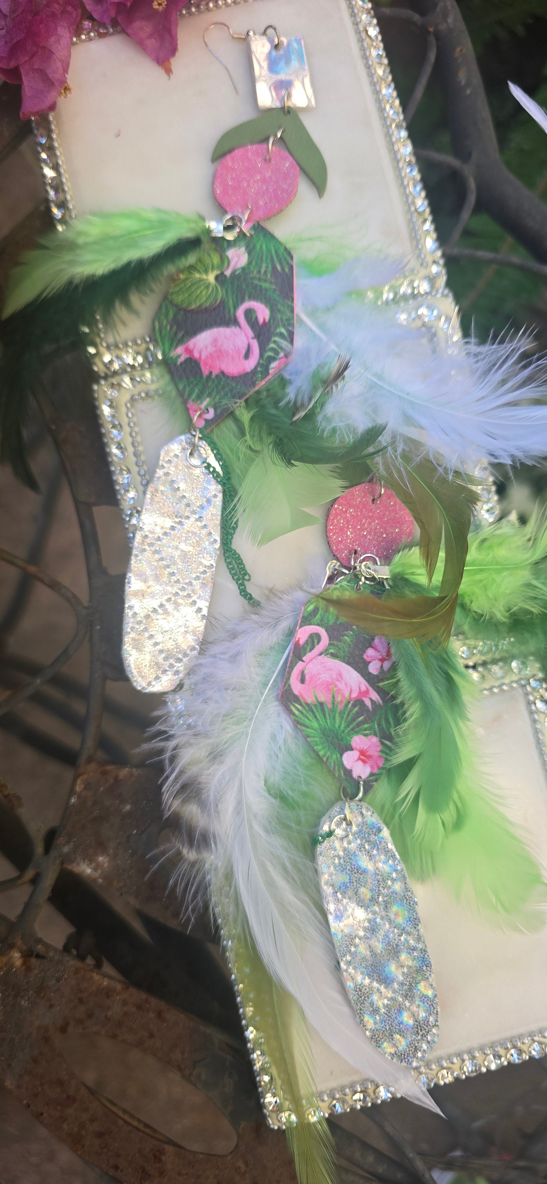 Mia - Green Flamingo Feather Earrings - Shop Moxxc