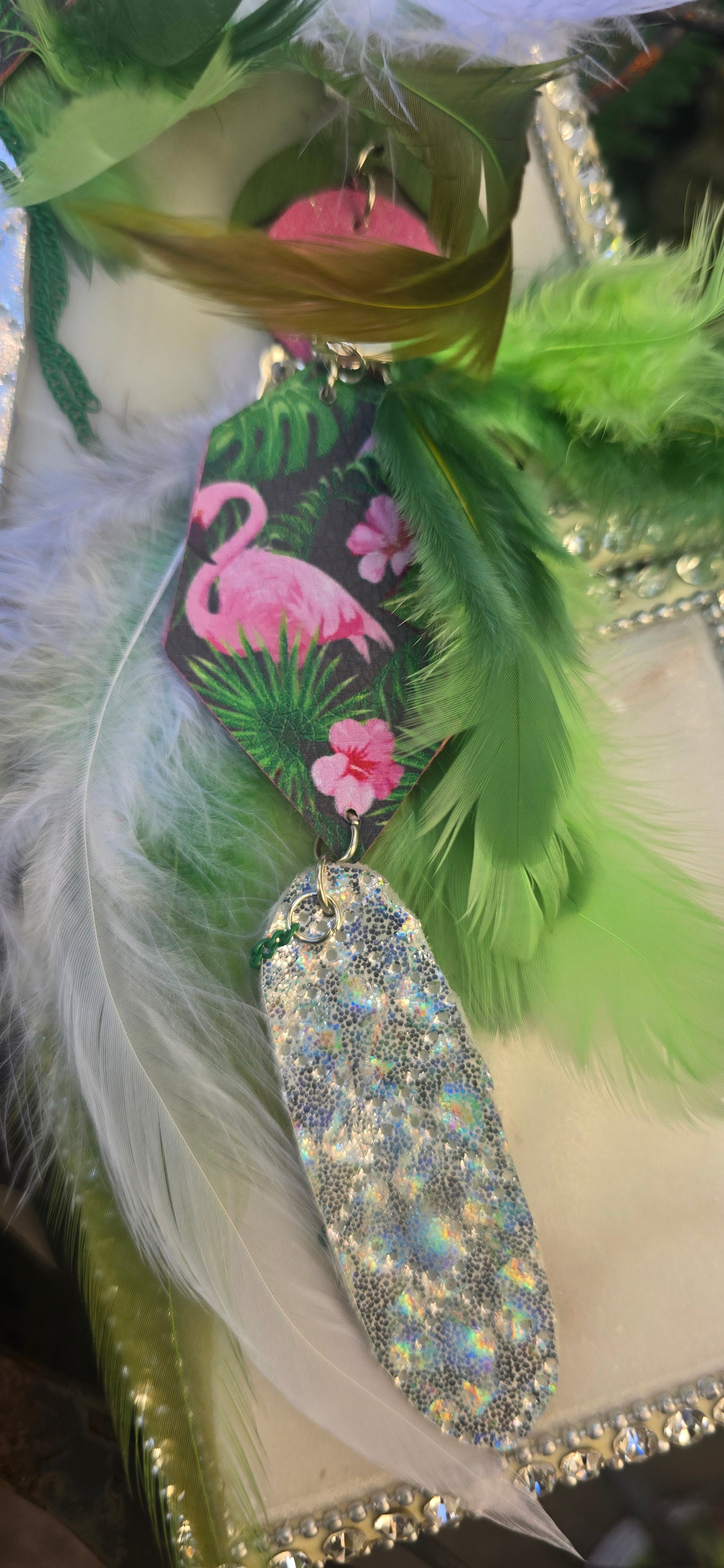 Mia - Green Flamingo Feather Earrings - Shop Moxxc