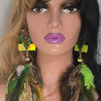 Diane - Green Statement Festival Feather Earrings - Shop Moxxc