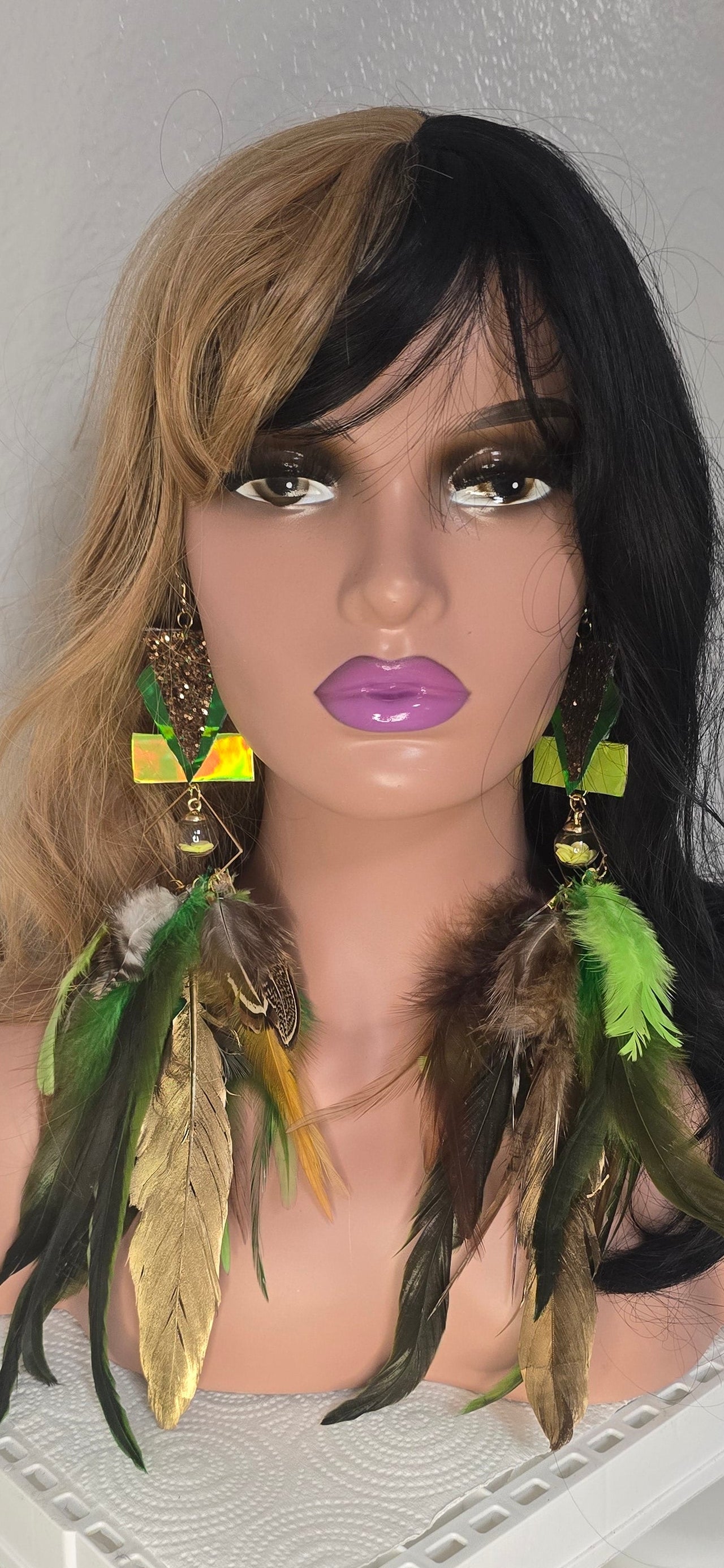 Diane - Green Statement Festival Feather Earrings - Shop Moxxc