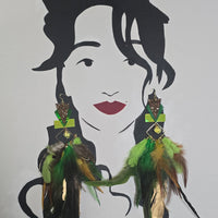 Diane - Green Statement Festival Feather Earrings - Shop Moxxc