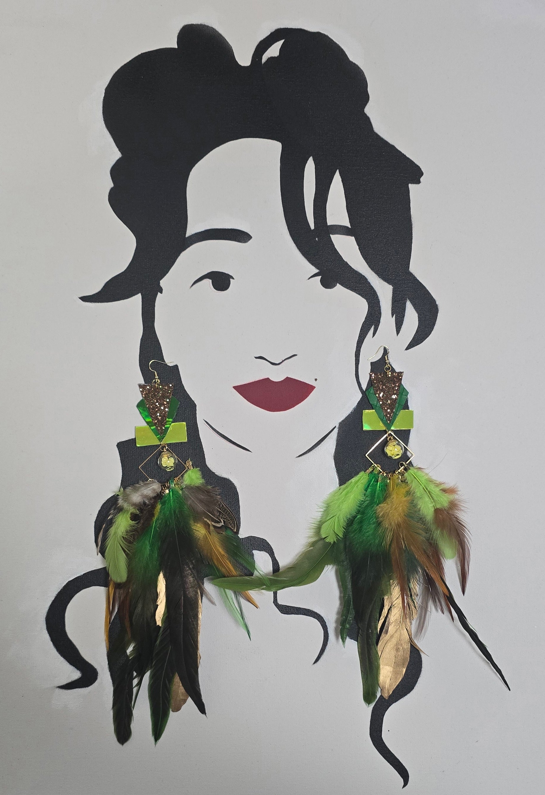 Diane - Green Statement Festival Feather Earrings - Shop Moxxc