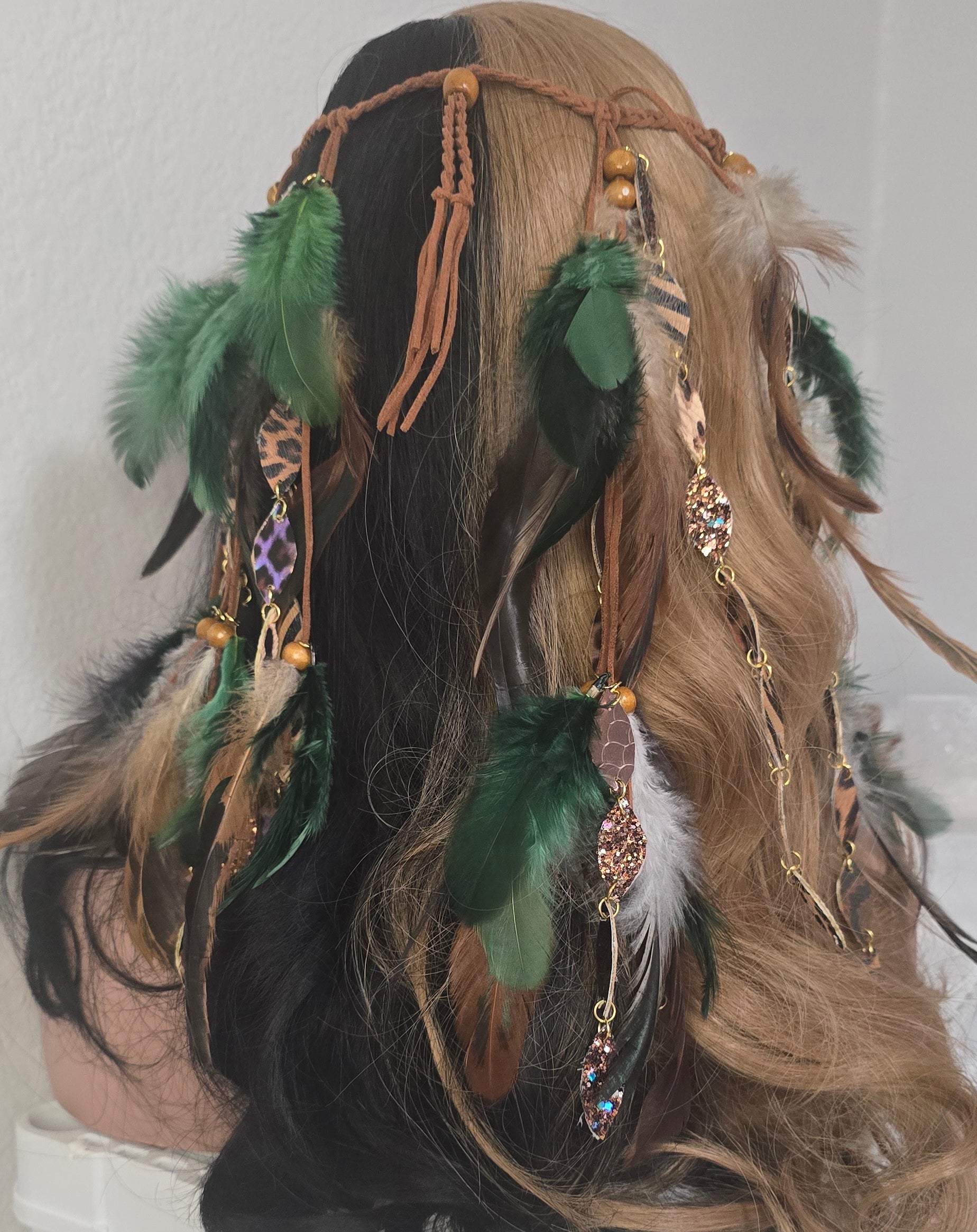 Mandy - Green Animal Print Feather Headpiece - Shop Moxxc