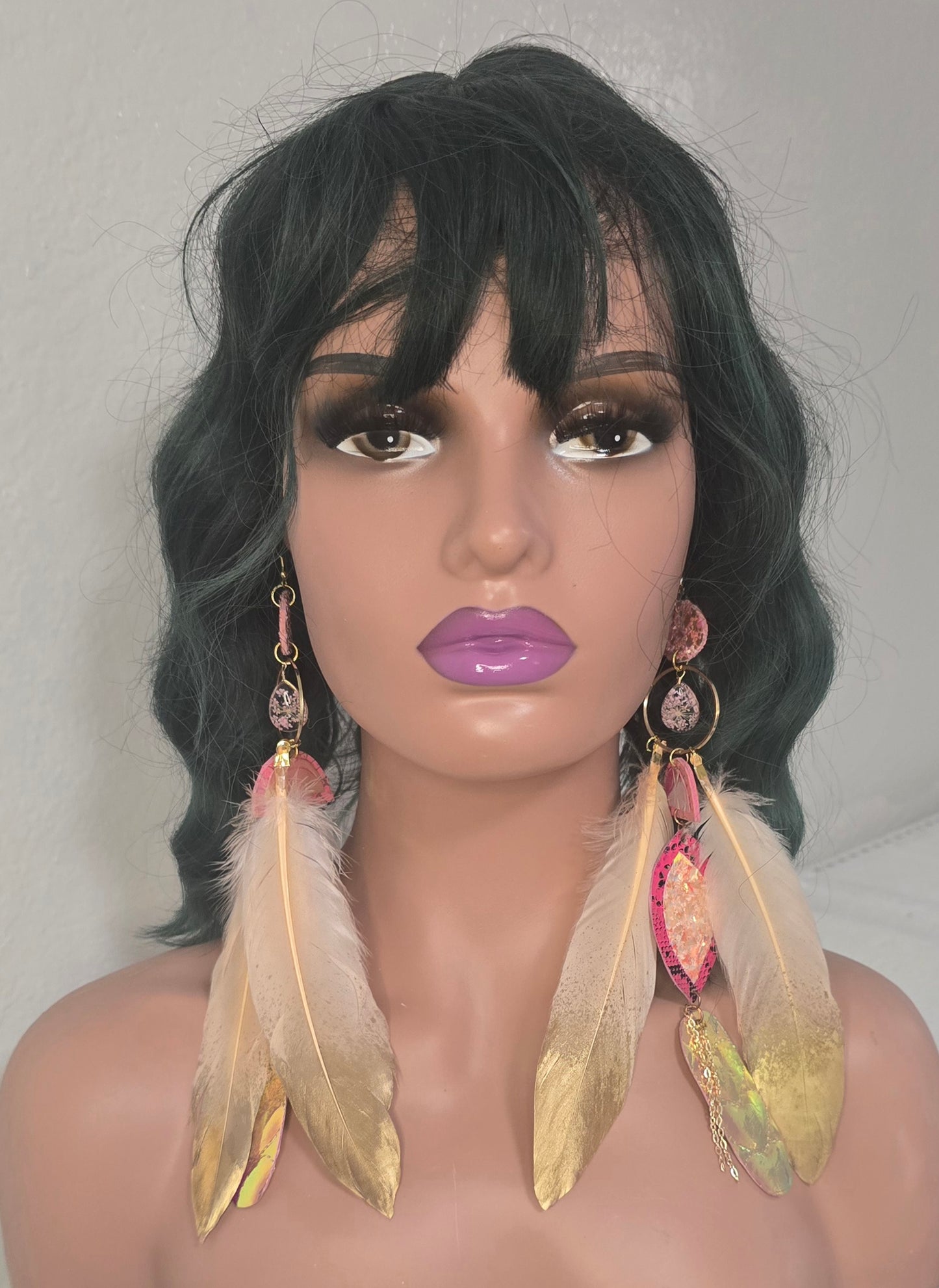 Mahogany - Pink Iridescent Boho Feather Earrings - Shop Moxxc