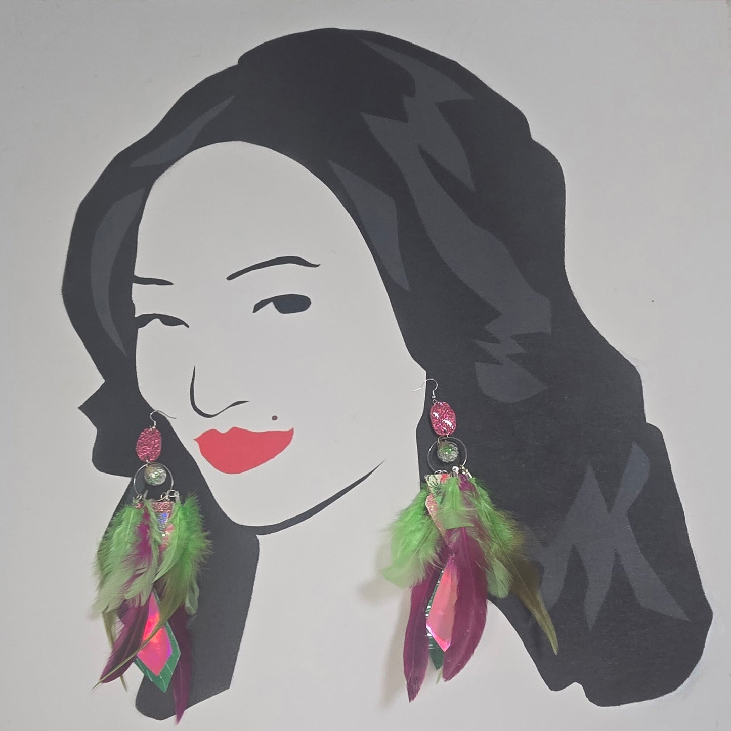 Emma - Hot Pink Green Feather Earrings - Shop Moxxc