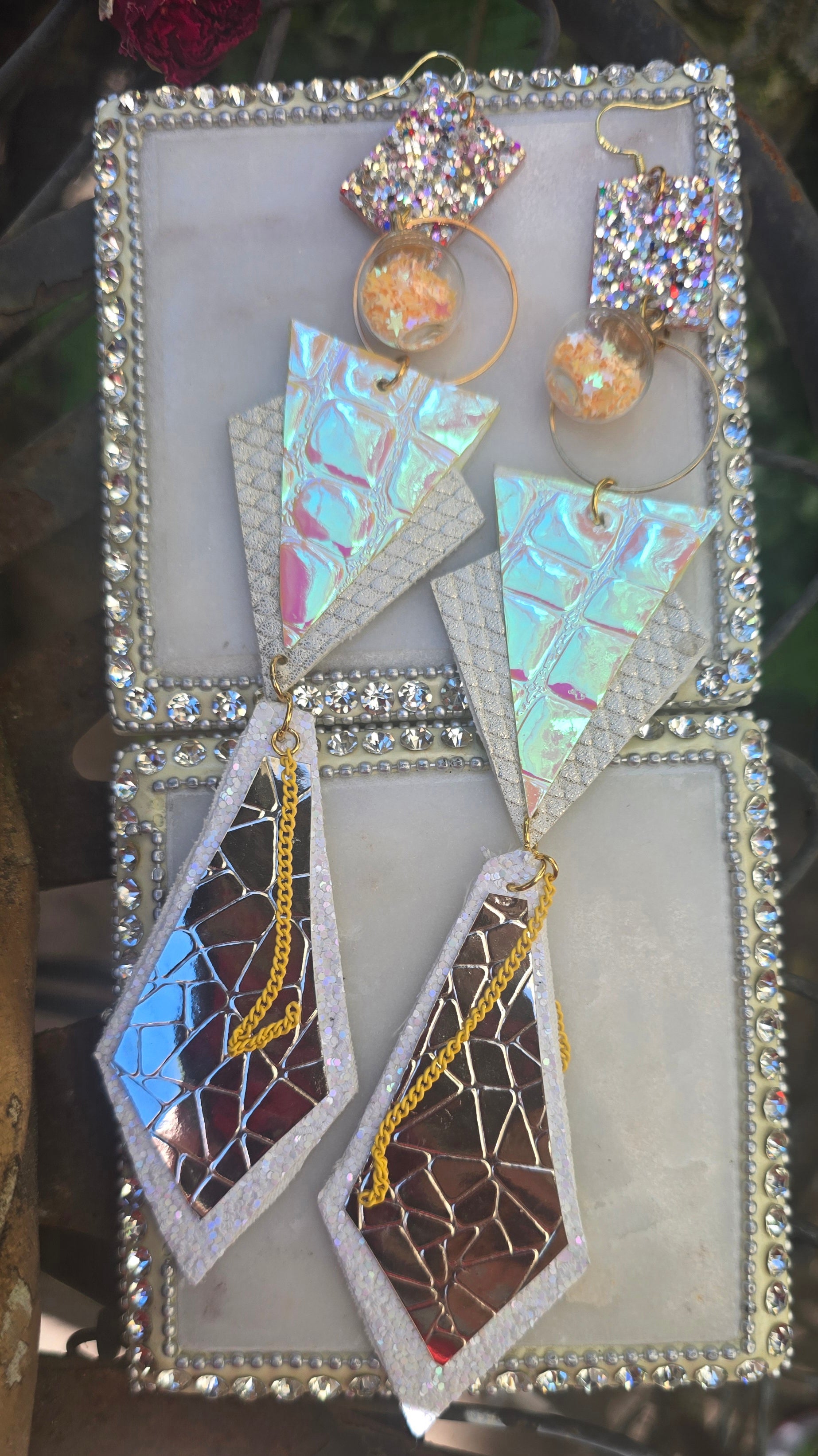 Gayle - Yellow Geometric Holographic Long Dangle Earrings - Shop Moxxc