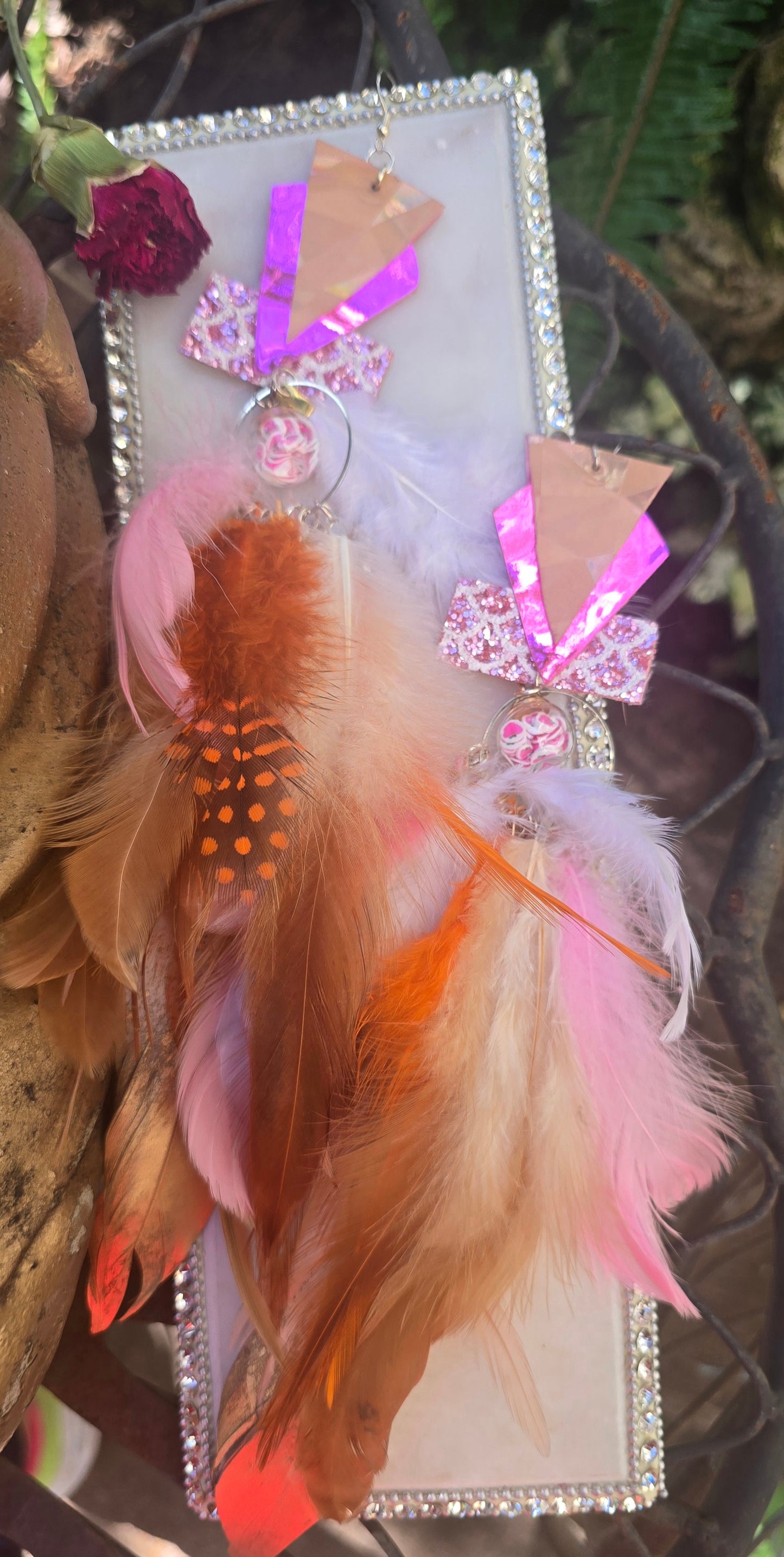 Gloria - Pink Statement Feather Earrings - Shop Moxxc